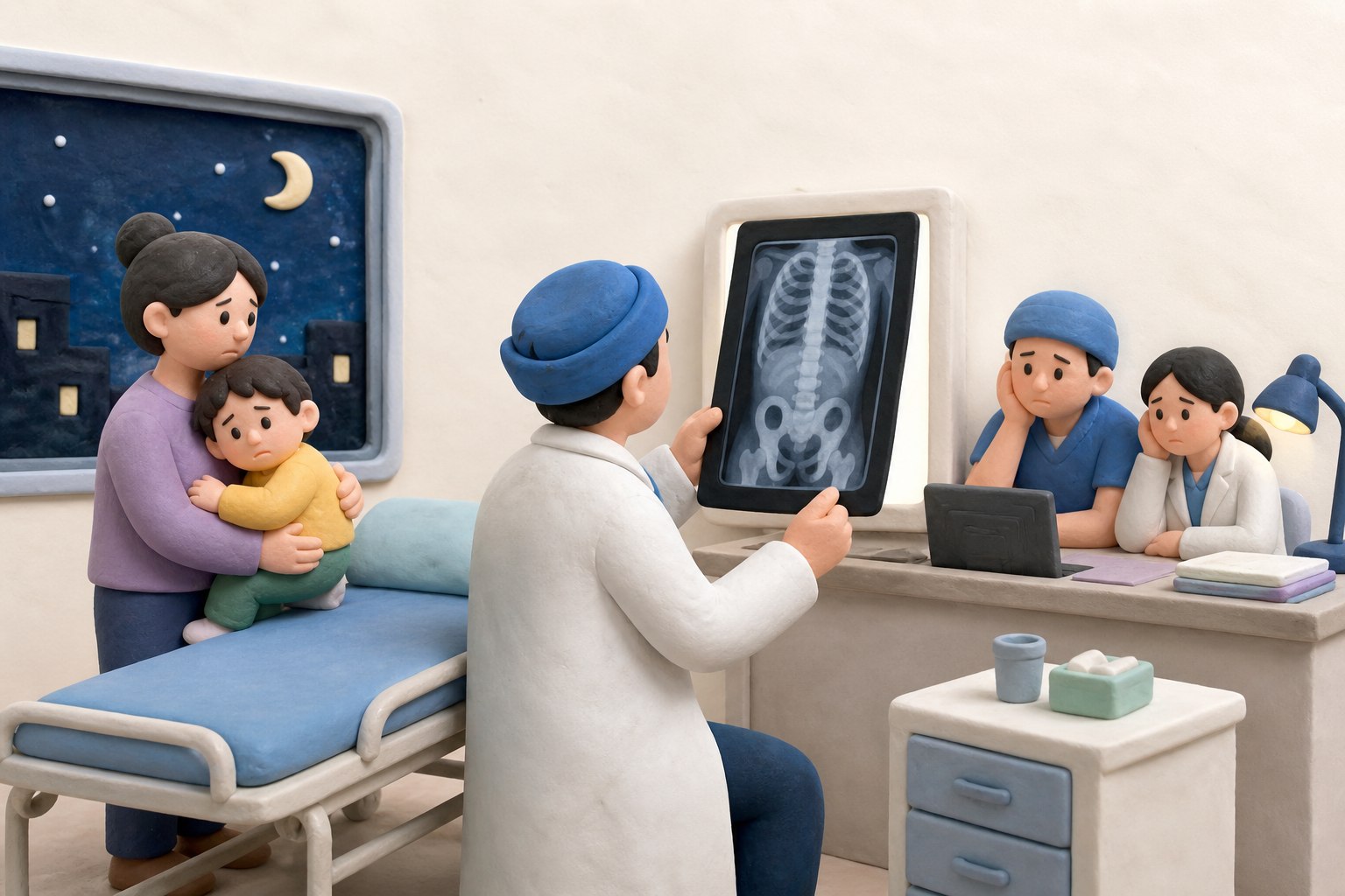 深夜儿科急诊室里医生查看腹部立位片,家属抱着患儿站在检查床旁,画面侧重夜班压力、体格检查和会诊缺口,不显示病情结论或具体时间,浅色背景的商业评论版橡皮泥平面信息图的统一风格。
