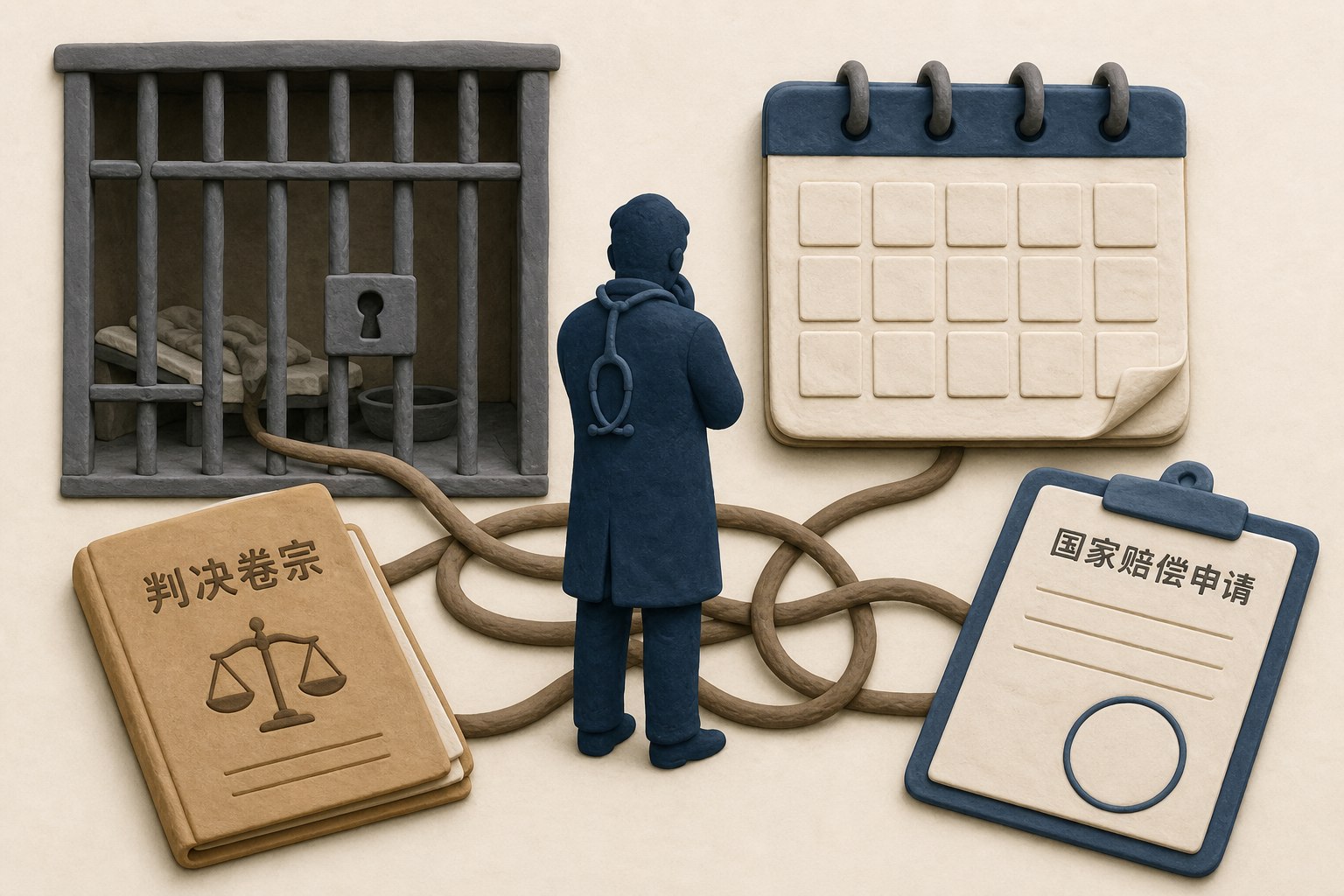 医生剪影站在铁栏与无数字日历之间,旁边放着判决卷宗和国家赔偿申请的空白符号,表现羁押、判刑与赔偿的纠缠,不显示具体刑期或日期,浅色背景的商业评论版橡皮泥平面信息图的统一风格。
