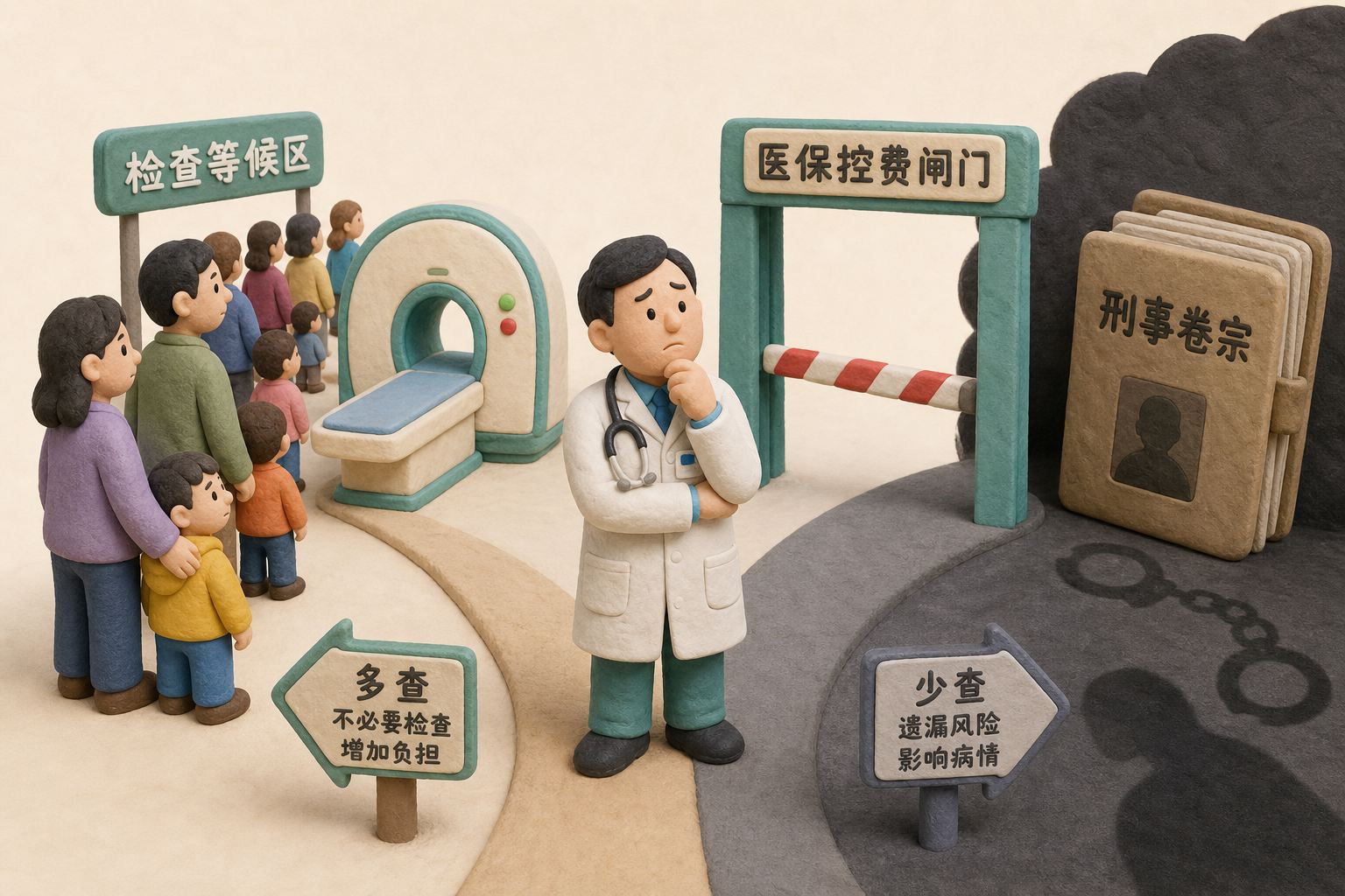 儿科医生站在检查设备与医保控费闸门之间,一边是等待检查的患者队伍,一边是刑事卷宗的阴影,表现多查与少查的两难,不显示费用、比例或判罚数字,浅色背景的商业评论版橡皮泥平面信息图的统一风格。