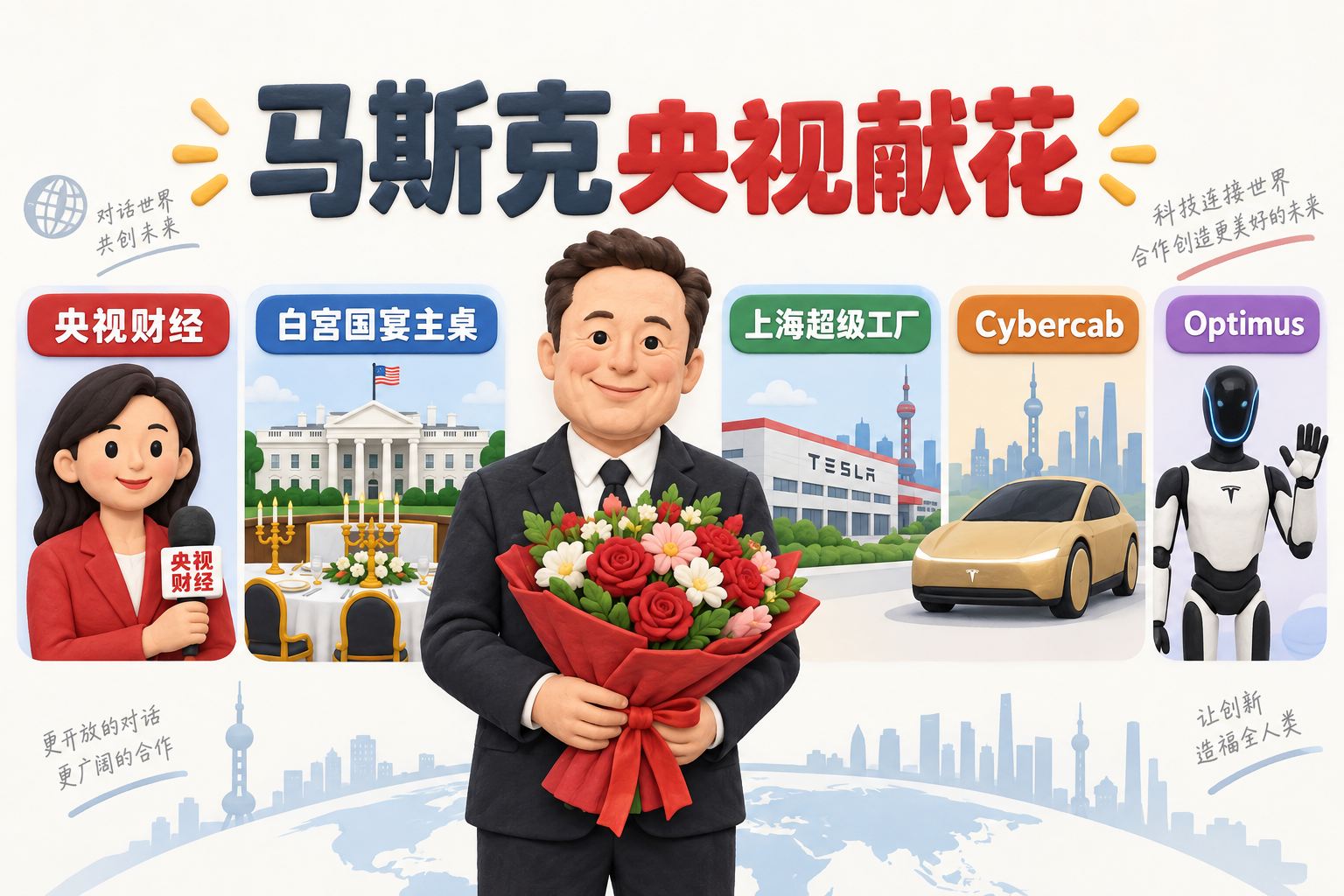 马斯克站在央视财经话筒前献花，背后以白宫国宴主桌、上海超级工厂、Cybercab和Optimus四个平面图标组成故事总览，人物与四项议题横向排布；可见事实元素：标题“马斯克央视献花”