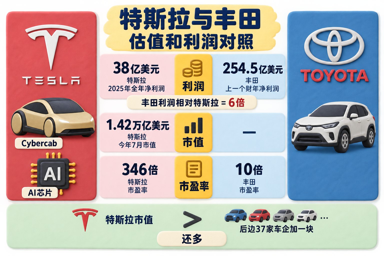 特斯拉与丰田的估值和利润对照信息图，左侧是Cybercab与AI芯片图标，右侧是丰田汽车图标，中间以利润、市值和市盈率三行平行比较，明确不同口径；可见事实元素：数据：丰田｜上一个财年净利润=254.5亿美金