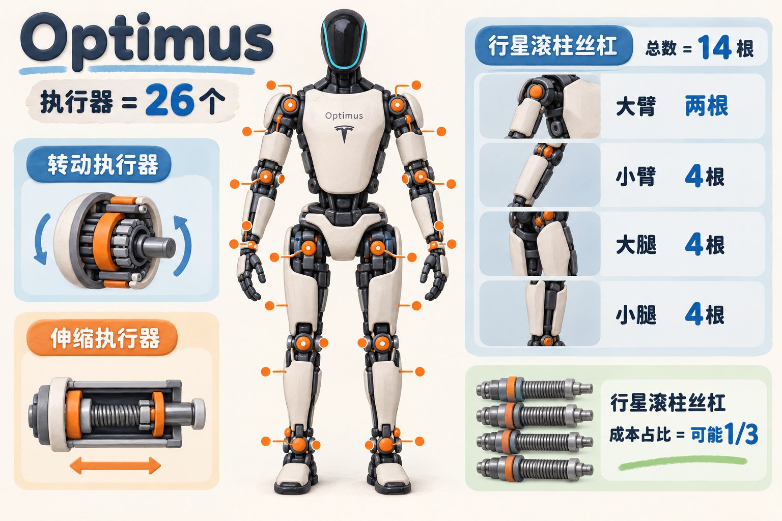Optimus正面机械结构拆解信息图，在四肢关节旁标出26个执行器，并用剖面示意转动执行器与伸缩执行器的区别，右侧单独列出14根行星滚柱丝杠在大臂、小臂、大腿和小腿的分配；可见事实元素：数据：Optimus｜执行器=26个