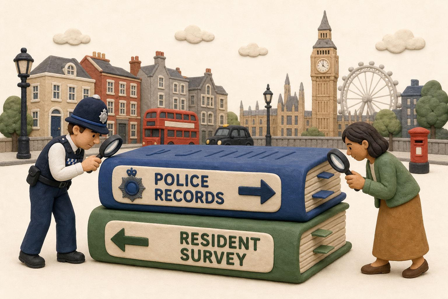 英国城市街景上叠放警方记录与居民调查两本方向相反的账本,人物分别观察不同账本,不显示具体数字,浅色背景的商业评论版橡皮泥平面信息图的统一风格。