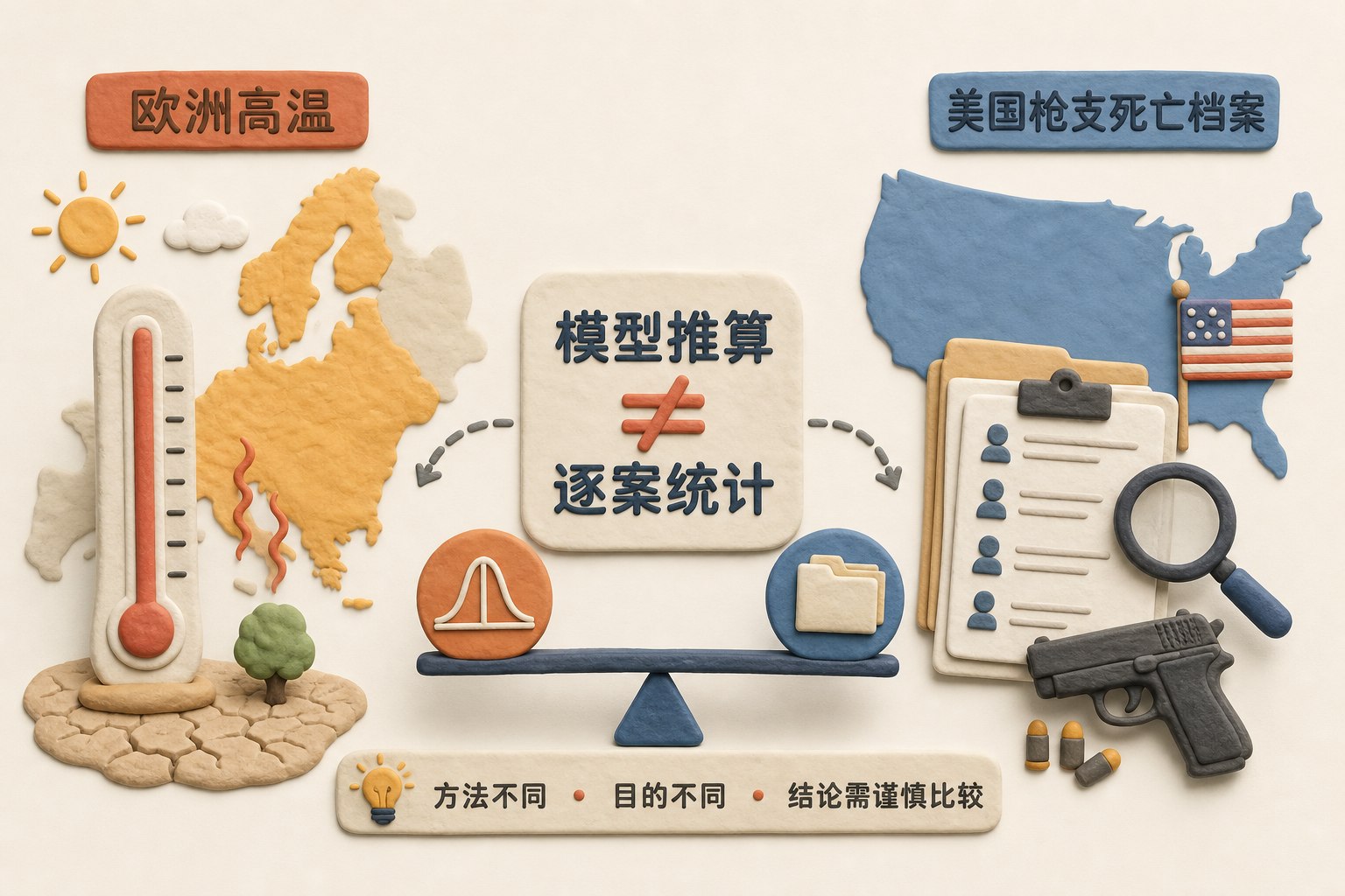 欧洲高温温度计与美国枪支死亡档案分置画面两侧,中间突出模型推算和逐案统计不可直接等同,不显示具体数字,浅色背景的商业评论版橡皮泥平面信息图的统一风格。