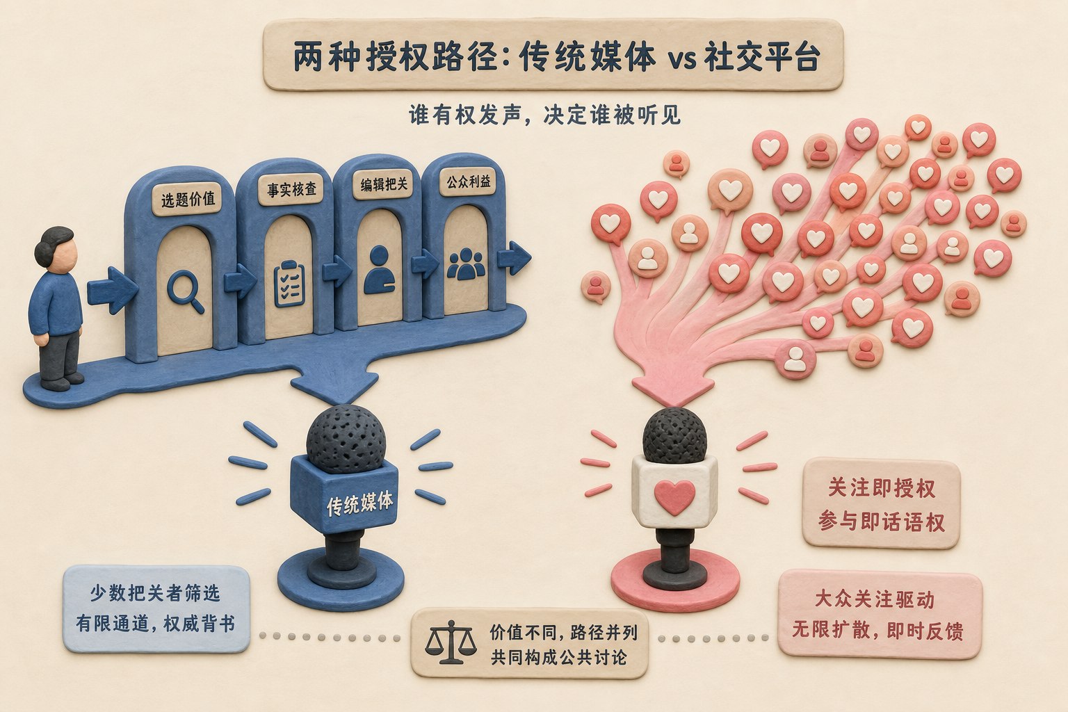 左侧四道精英筛选门通向传统媒体话筒,右侧无数关注按钮汇聚成社交平台话筒,两套授权路径并列对照,不显示具体数字,浅色背景的商业评论版橡皮泥平面信息图的统一风格。