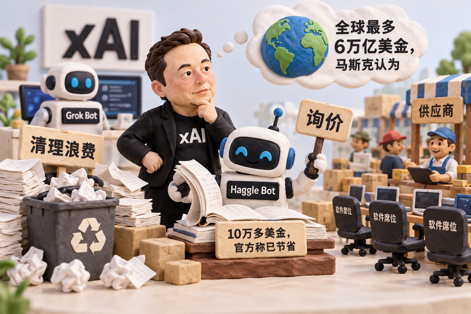 画面中央是手工捏塑的马斯克形象与一台标有“Haggle Bot”的小机器人,机器人一手翻企业账本、一手举着询价牌,周围是软件席位小椅子、采购箱和供应商摊位;画面把“清理浪费”和“谈价格”并列摆出,不画成已经省下全球金额