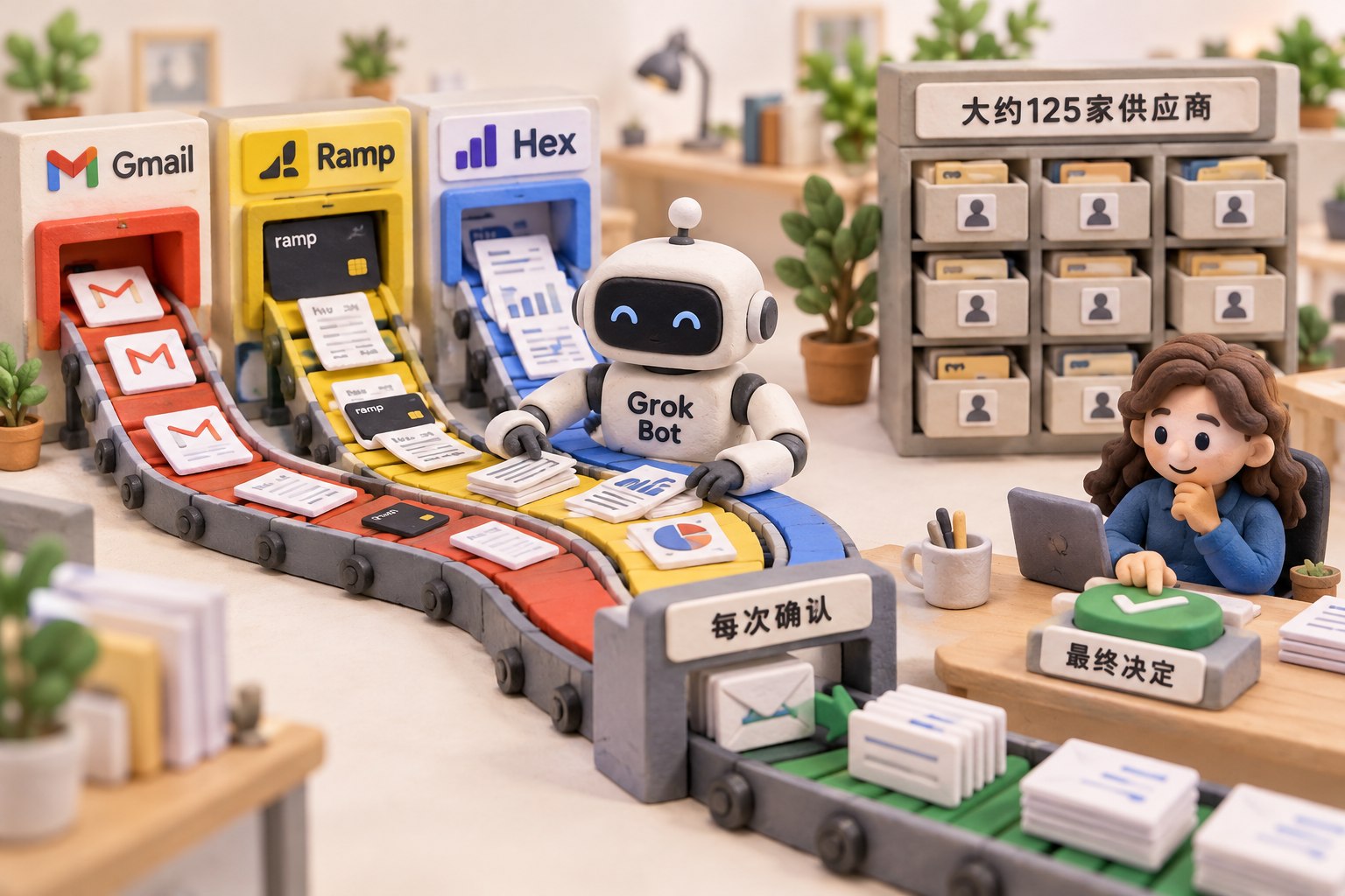 一座微缩企业办公室,标有“Grok Bot”的机器人在中央整理三条彩色资料传送带,分别接到Gmail邮件箱、Ramp公司卡与订阅抽屉、Hex数据图册;旁边摆放供应商档案柜,人类操作员坐在最终确认按钮前