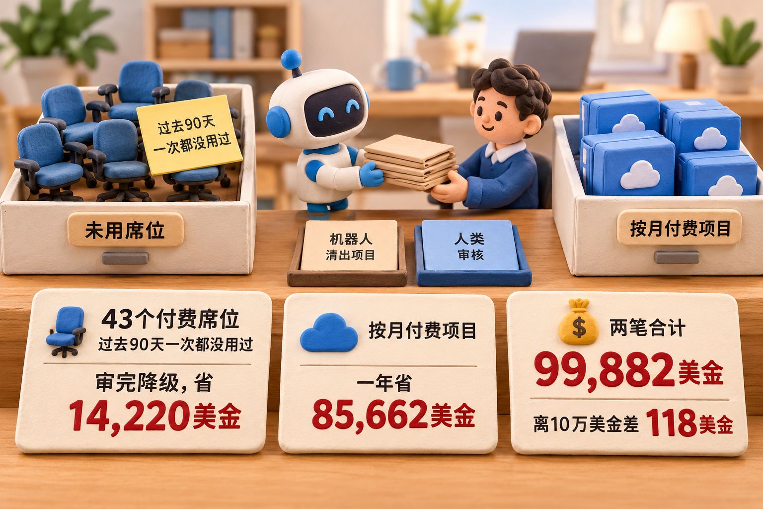 微缩办公室桌面上有两个并排的软件席位抽屉,左侧摆着一组空置的席位小椅子和一张“过去90天一次都没用过”的便签,右侧是一组无人使用的按月付费套餐小盒;机器人把清出的项目交给人类审核,桌旁放两张分别记账的卡片