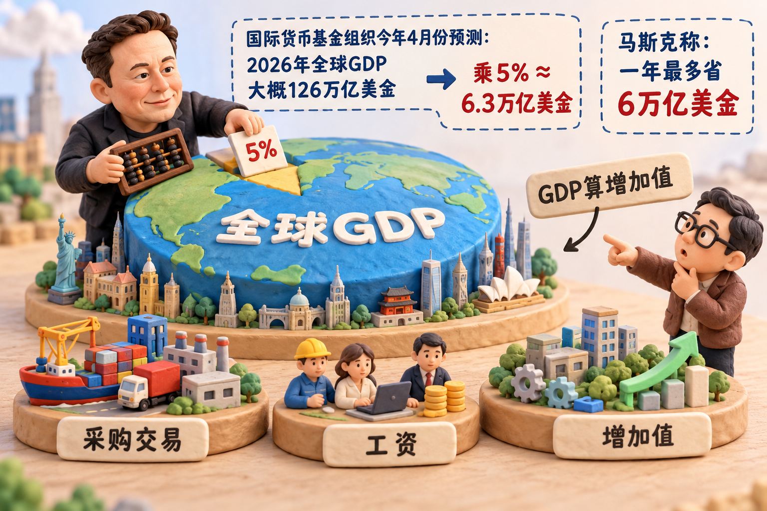 一张立体橡皮泥制作的巨大“全球GDP”圆盘旁,马斯克形象用小算盘把一张标着“5%”的纸片放到圆盘上,另一侧是采购交易、工资与增加值三个彼此分开的微缩台面,评论者指着分母提出疑问;预测与主张放在虚线边框里,绝不做成实际节省的收据