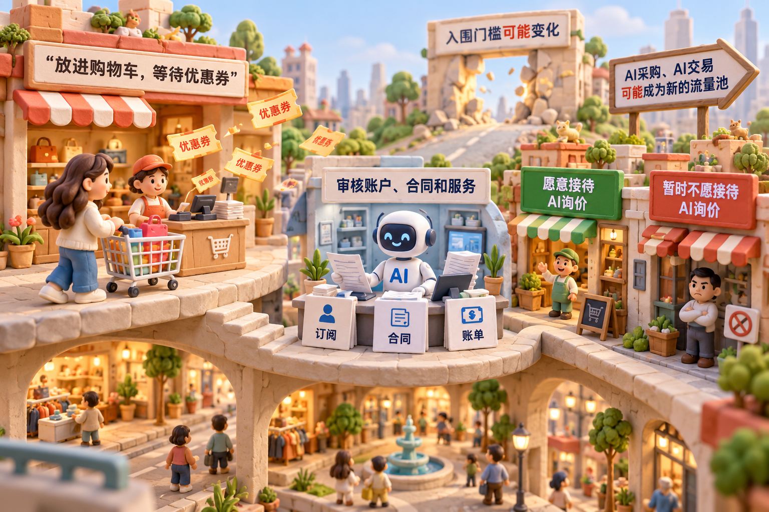一幅三层微缩商业街:左边消费者的购物车停在结账前,优惠券从店铺飘出;中间AI助手替用户核对订阅、合同与账单
