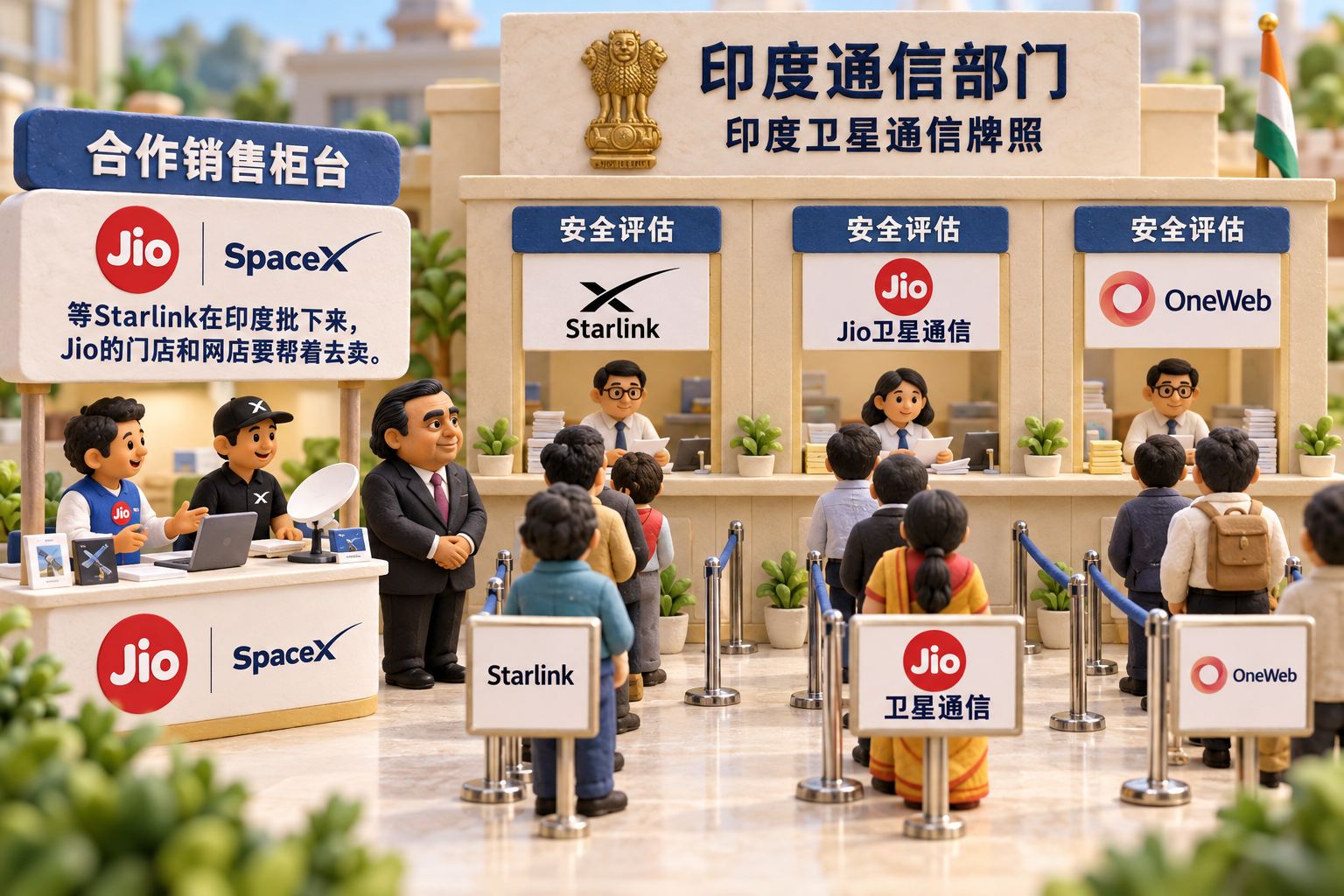 印度通信部门的浅色微缩审批柜台前,Starlink、Jio卫星通信、OneWeb三组各自站在独立队列等待安全评估;Starlink与Jio的另一侧摆着小小的合作销售柜台,表现合作与审批同时存在