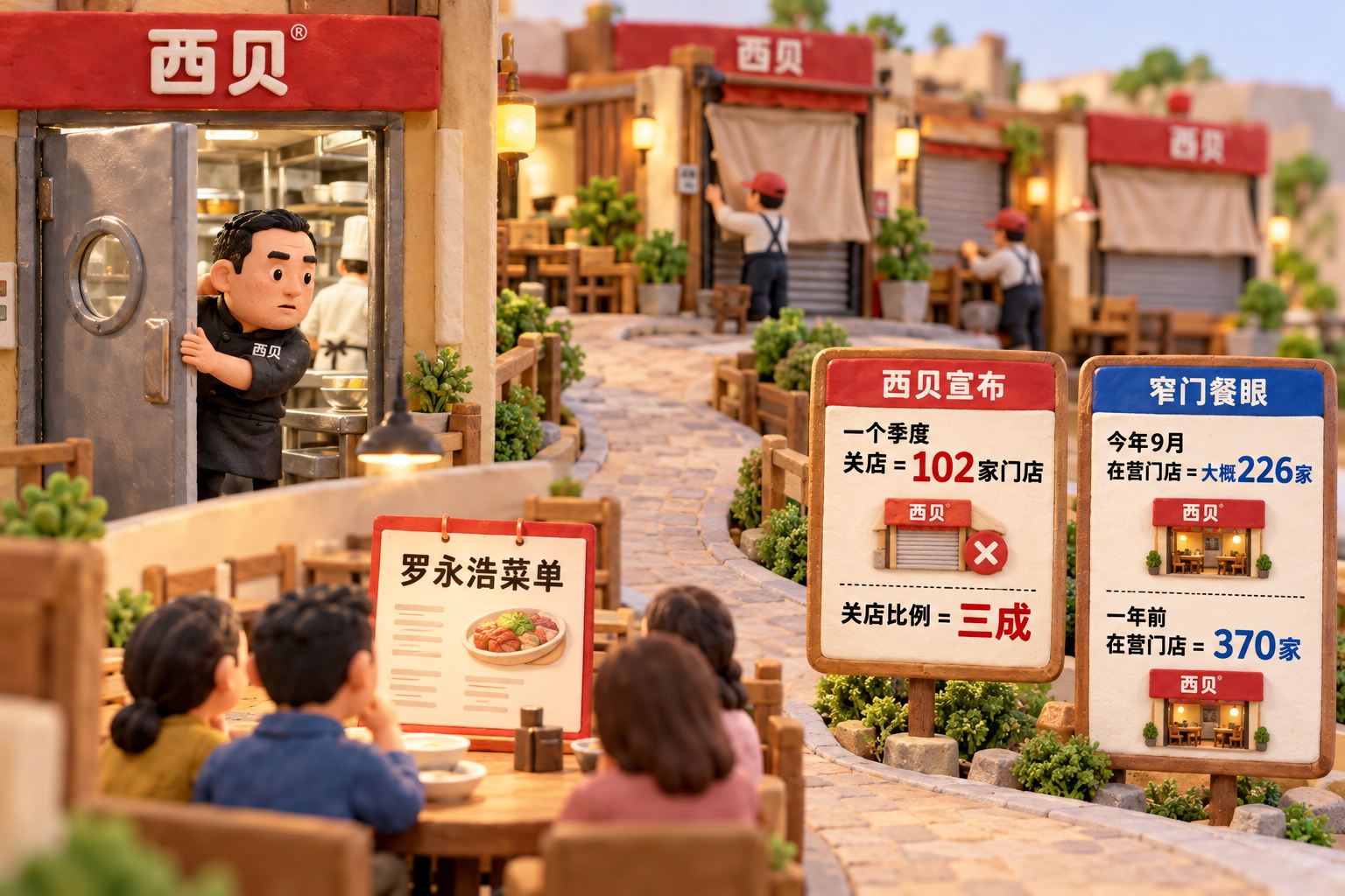 西贝微缩餐厅沿着一条弯曲小路呈现几个相连场景:贾国龙推开后厨门,随后桌上出现“罗永浩菜单”,远端部分餐厅缩起门帘;数字标牌分别对应关店公告与第三方平台统计,来源和时间分开写,不画成同一口径的连续精确走势图