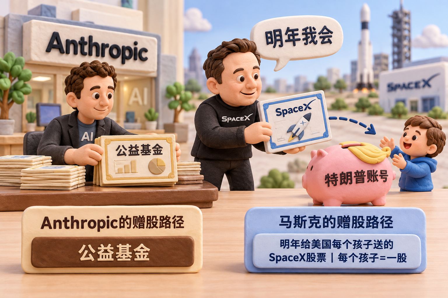 浅色桌面上两组立体橡皮泥微缩场景:左侧Anthropic公司桌前摆着写有“公益基金”的股份模型,右侧马斯克手持SpaceX股票模型,面向写有“特朗普账号”的儿童储蓄罐,股票停在交付途中,明确表现为未来计划而非已经到账;画面焦点是两种赠股路径,标签大而易读