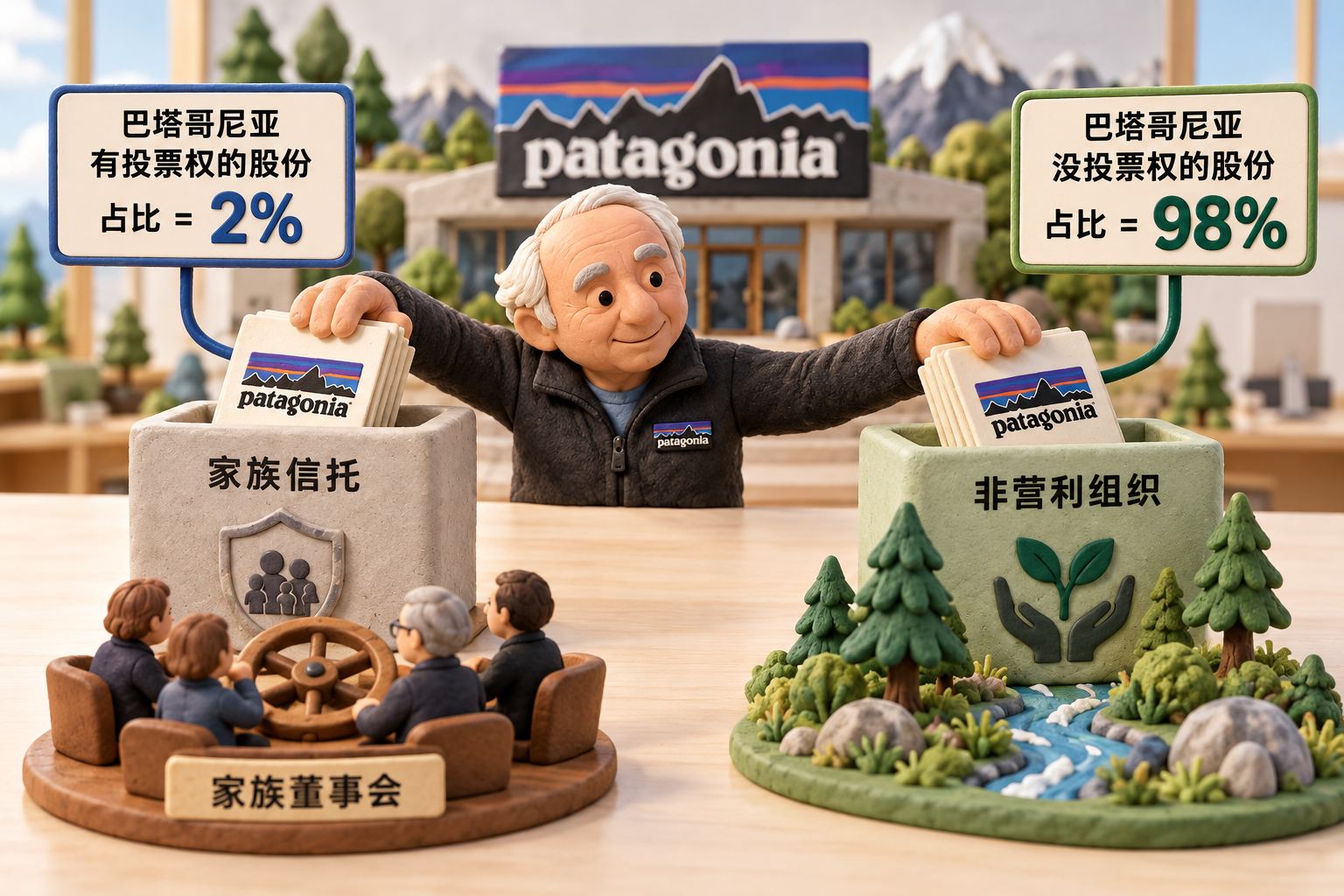 浅色桌面上一家巴塔哥尼亚微缩公司,乔伊纳德把两叠股份分别放入家族信托和非营利组织;有投票权的一叠连着家族董事会的小方向盘,无投票权的一叠连着环保用途的小树,关键比例以独立大标签清楚显示