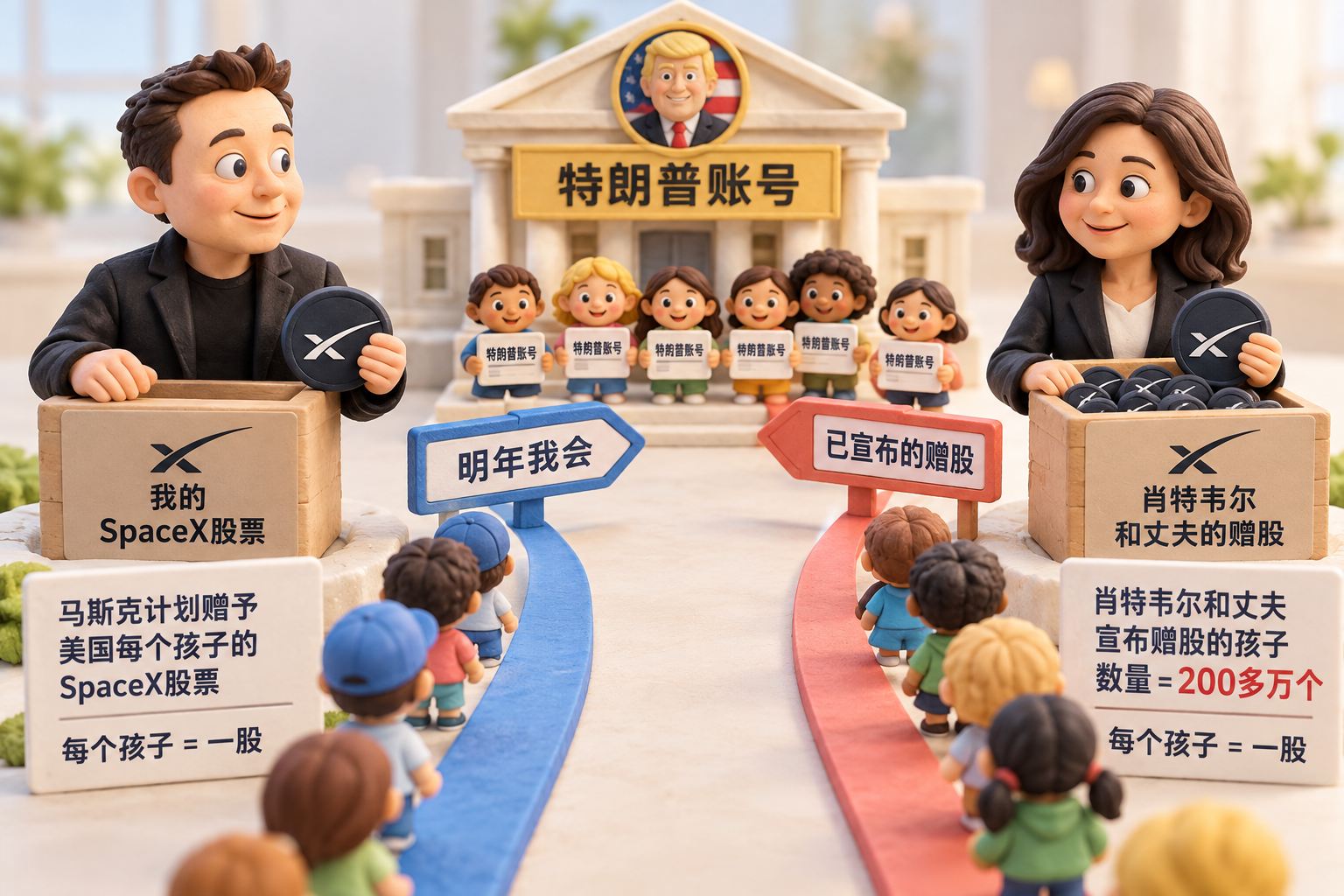 马斯克与肖特韦尔各站在自己的股票盒旁,两条分开的路径通向孩子名下的特朗普账号;马斯克手中的股份停在“明年我会”的计划箭头上,肖特韦尔的股份另作已宣布的赠股路径,不把计划画成到账