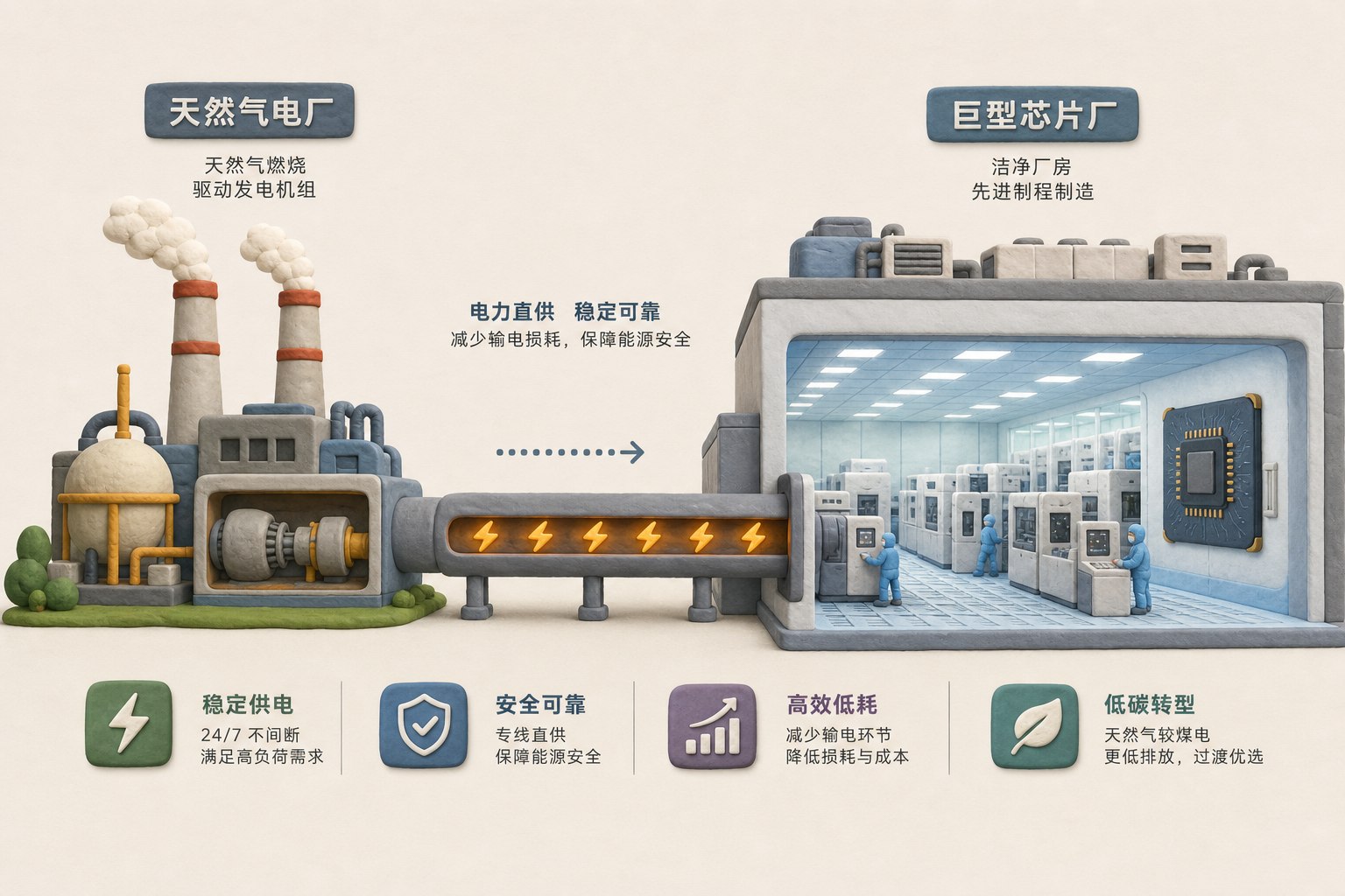 巨型芯片厂与旁侧天然气电厂直接相连，电流沿管线进入洁净厂房，左右横向构图，浅色背景的商业评论版橡皮泥平面信息图的统一风格。
