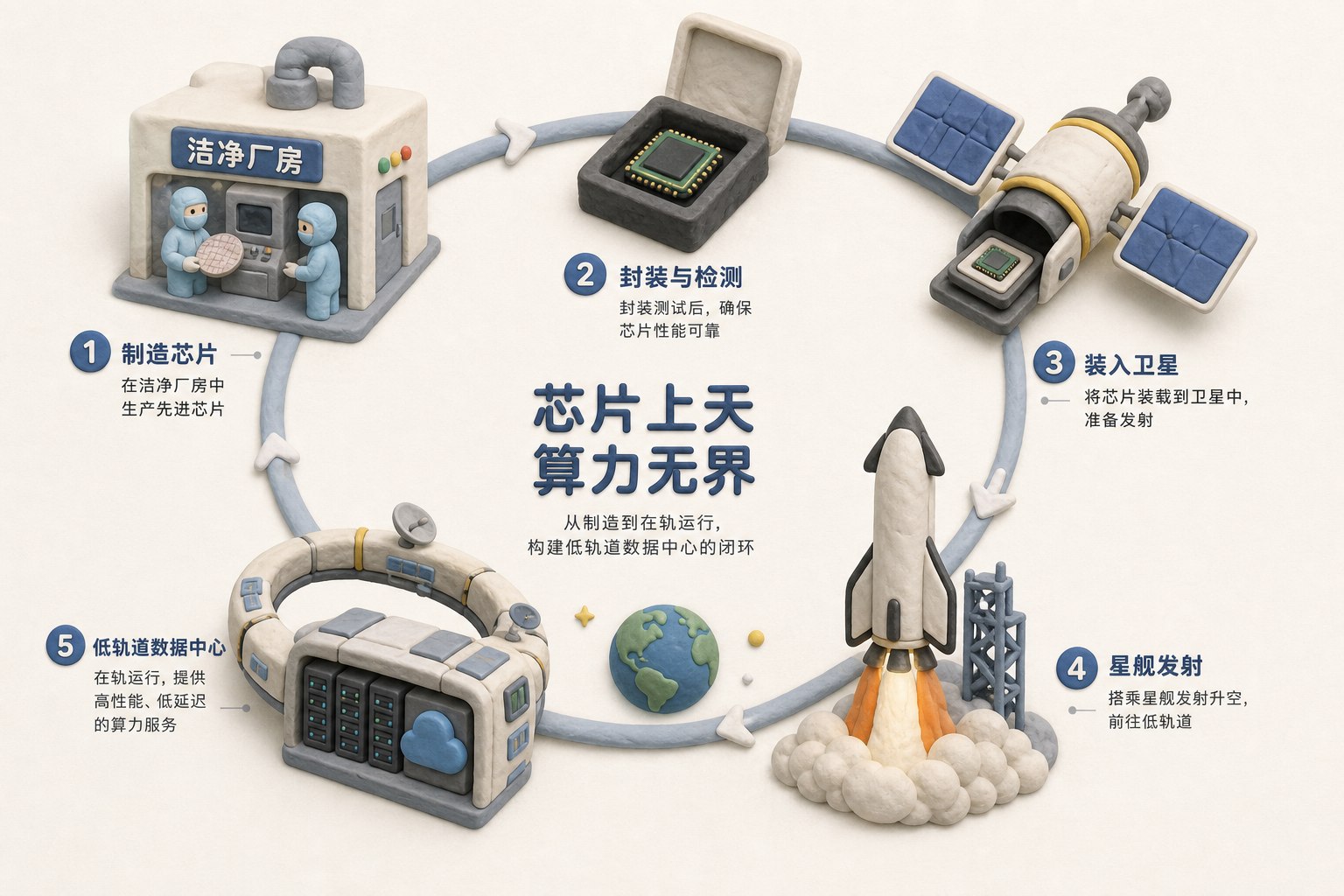 芯片从洁净厂房装入卫星，再由星舰送往低轨道数据中心，环形轨道构图，浅色背景的商业评论版橡皮泥平面信息图的统一风格。