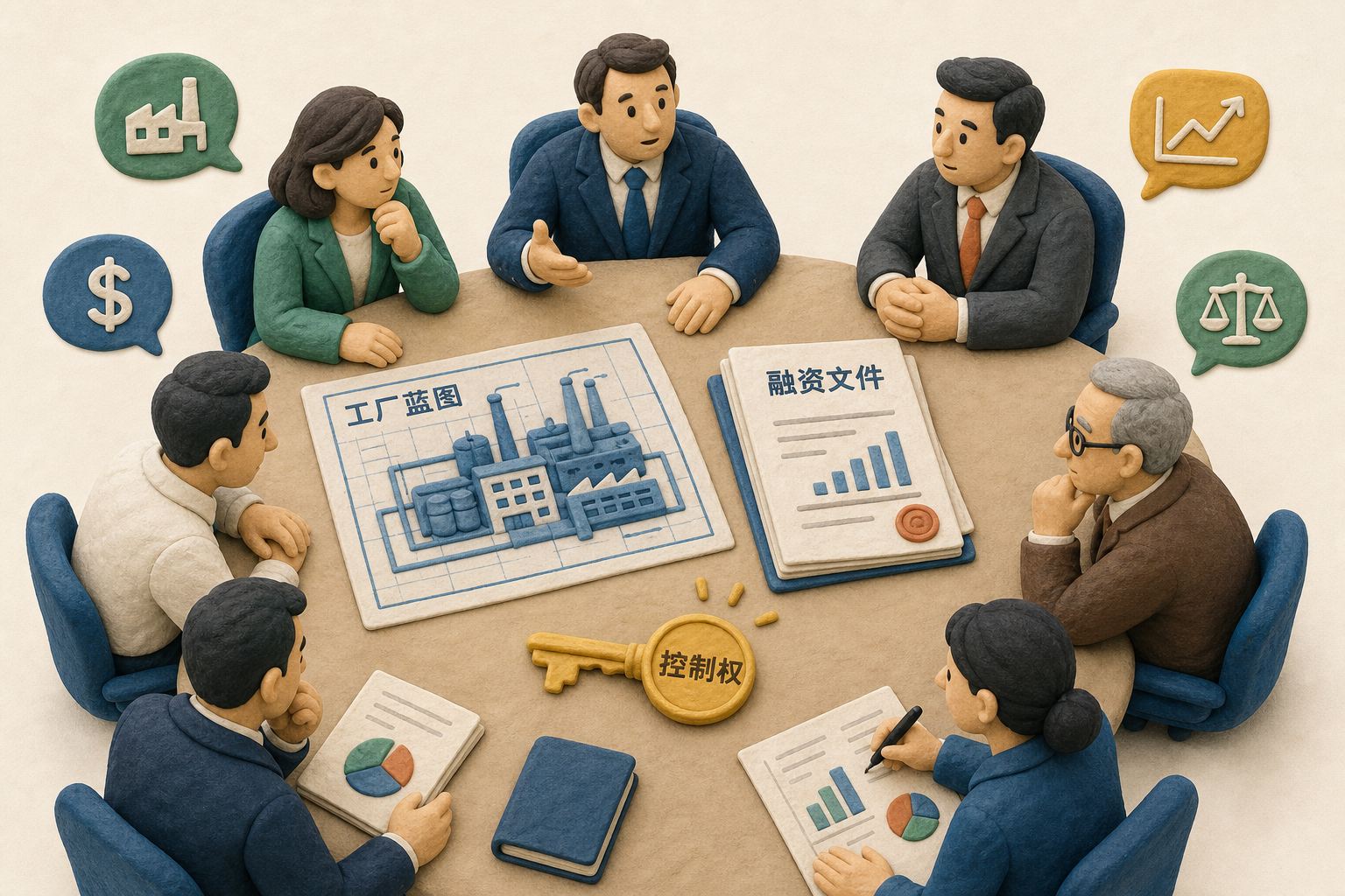 工厂蓝图、融资文件与代表控制权的钥匙摆在谈判桌上，多方围桌博弈构图，浅色背景的商业评论版橡皮泥平面信息图的统一风格。