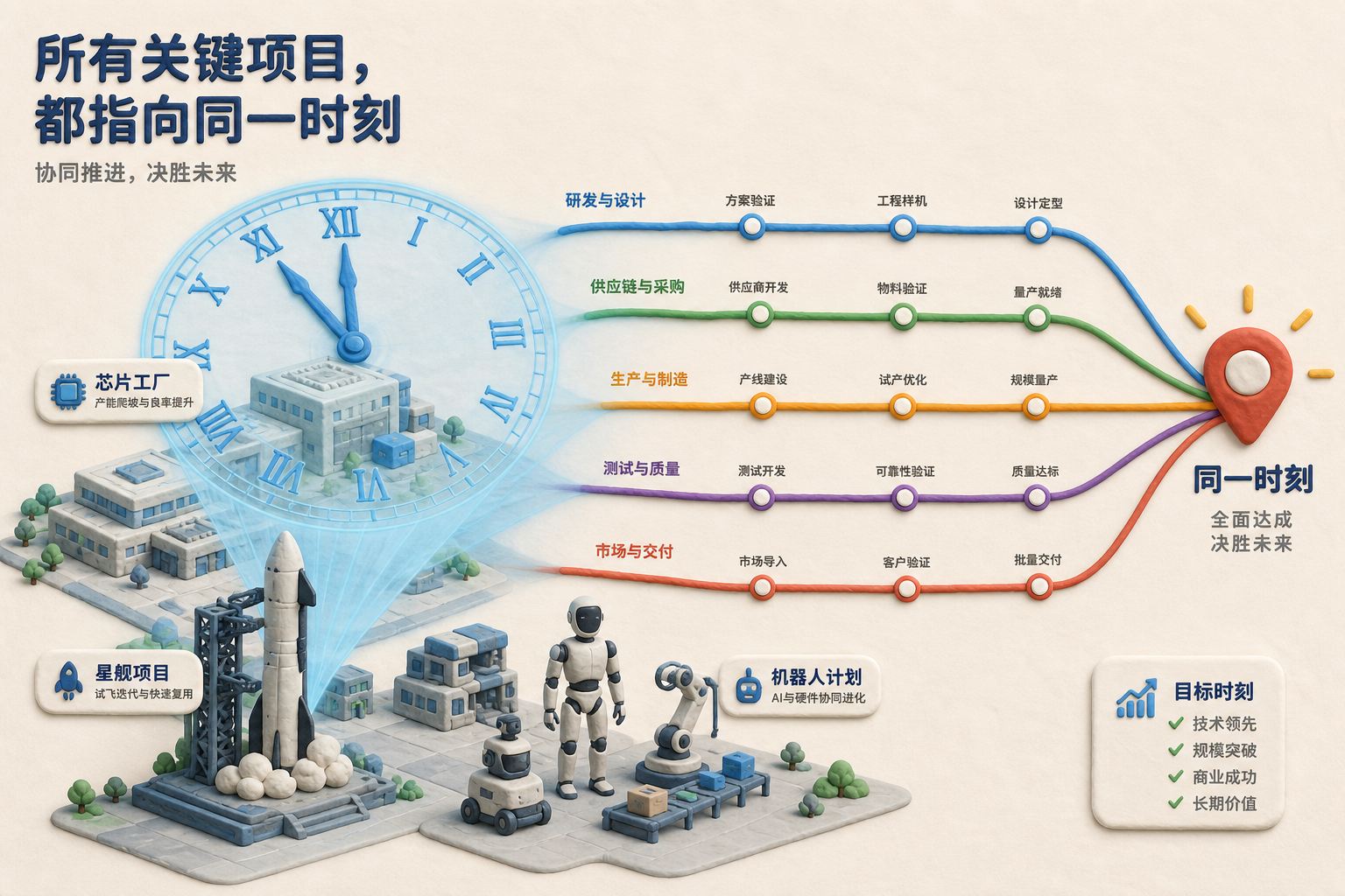 巨型时钟投影覆盖芯片工厂、星舰和机器人，多条项目进度线汇向同一终点的构图，浅色背景的商业评论版橡皮泥平面信息图的统一风格。