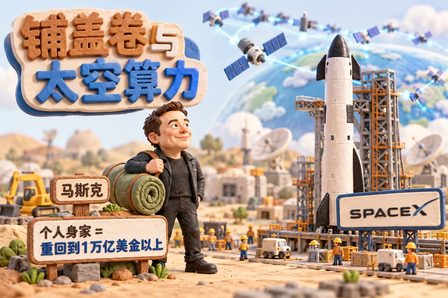 封面，马斯克手提铺盖卷站在微缩工地与星舰模型之间，远处是通向太空的算力卫星；个人身家标签立在马斯克身边，公司标识立在火箭模型旁，两者不相加
