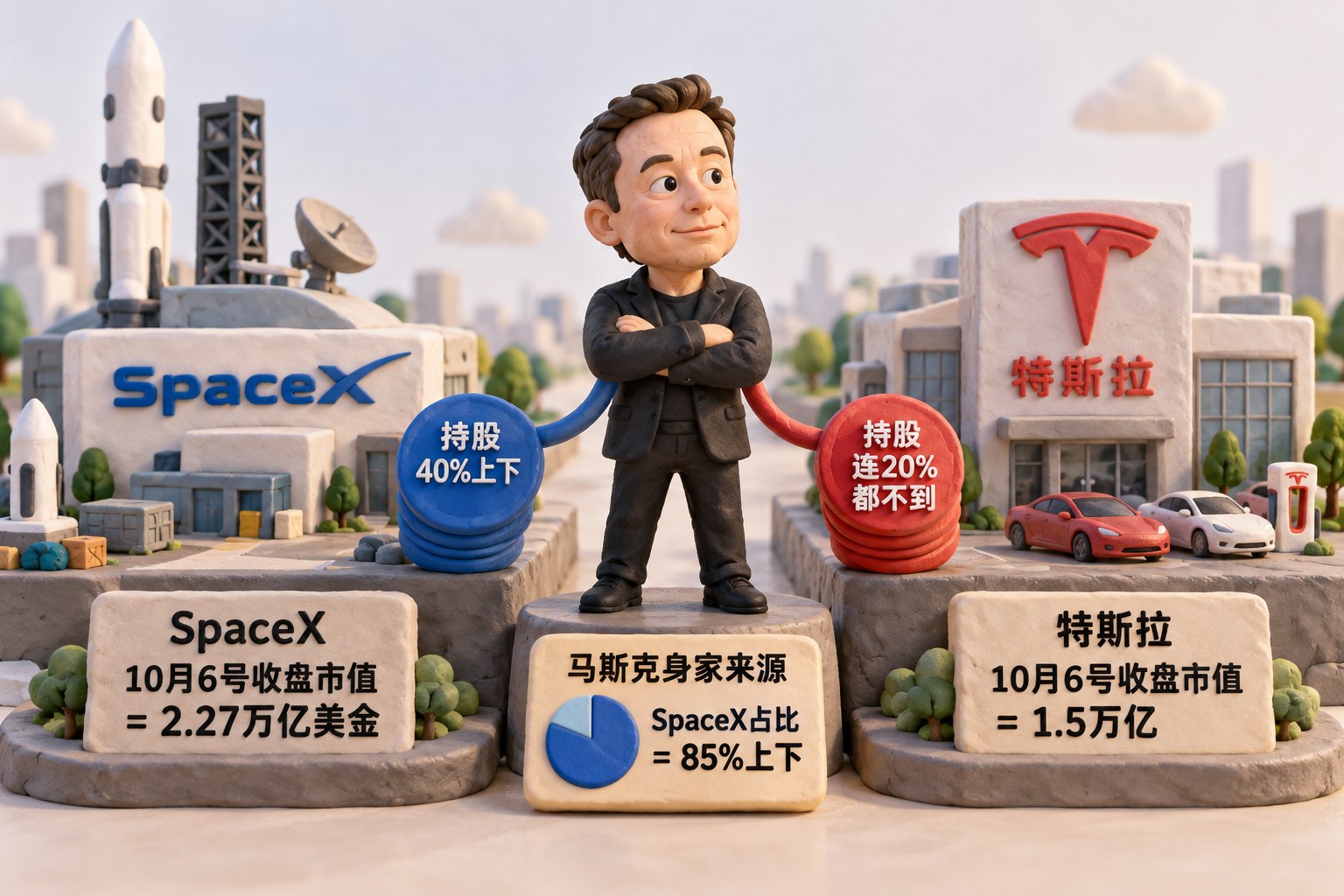 两座独立的橡皮泥公司建筑立在并排底座上，马斯克站在中间，财富来源用小型泥塑股权筹码连接到各自公司；两个公司市值各写在本公司底座，个人身家比例另置于马斯克身边，不把公司估值画成个人现金