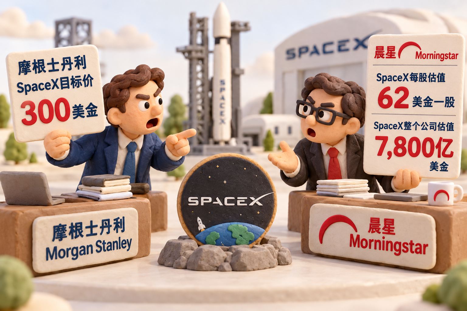 两位橡皮泥分析师各站一侧，中间放着同一枚SpaceX股票泥塑筹码；左侧摩根士丹利研究员举目标价牌，右侧晨星研究员举估值牌，两种判断分开陈列，神态呈争论而非已经兑现