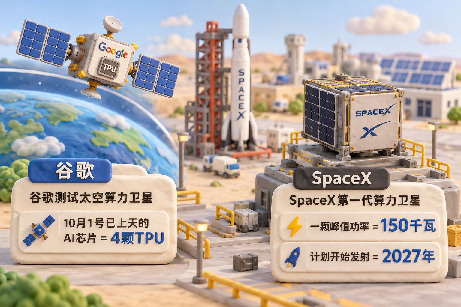浅色微缩发射场中，已升空的谷歌测试卫星在左侧轨道，尚待发射的SpaceX第一代算力卫星模型放在右侧准备台，两个状态以独立泥塑标签区分；背景可见火箭与太阳能工厂模型