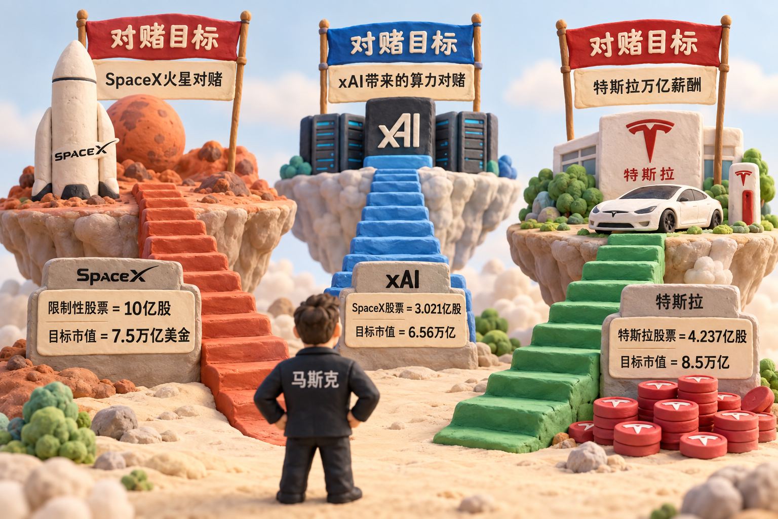 马斯克站在三条分开的橡皮泥阶梯前，每条阶梯上方悬挂未兑现的目标旗帜；左边SpaceX火星对赌、中间xAI带来的SpaceX算力对赌、右边特斯拉万亿薪酬，各自股数与目标市值固定在对应底座，特斯拉股票用单独颜色的泥塑筹码，全部标为“对赌目标”而非已实现财富
