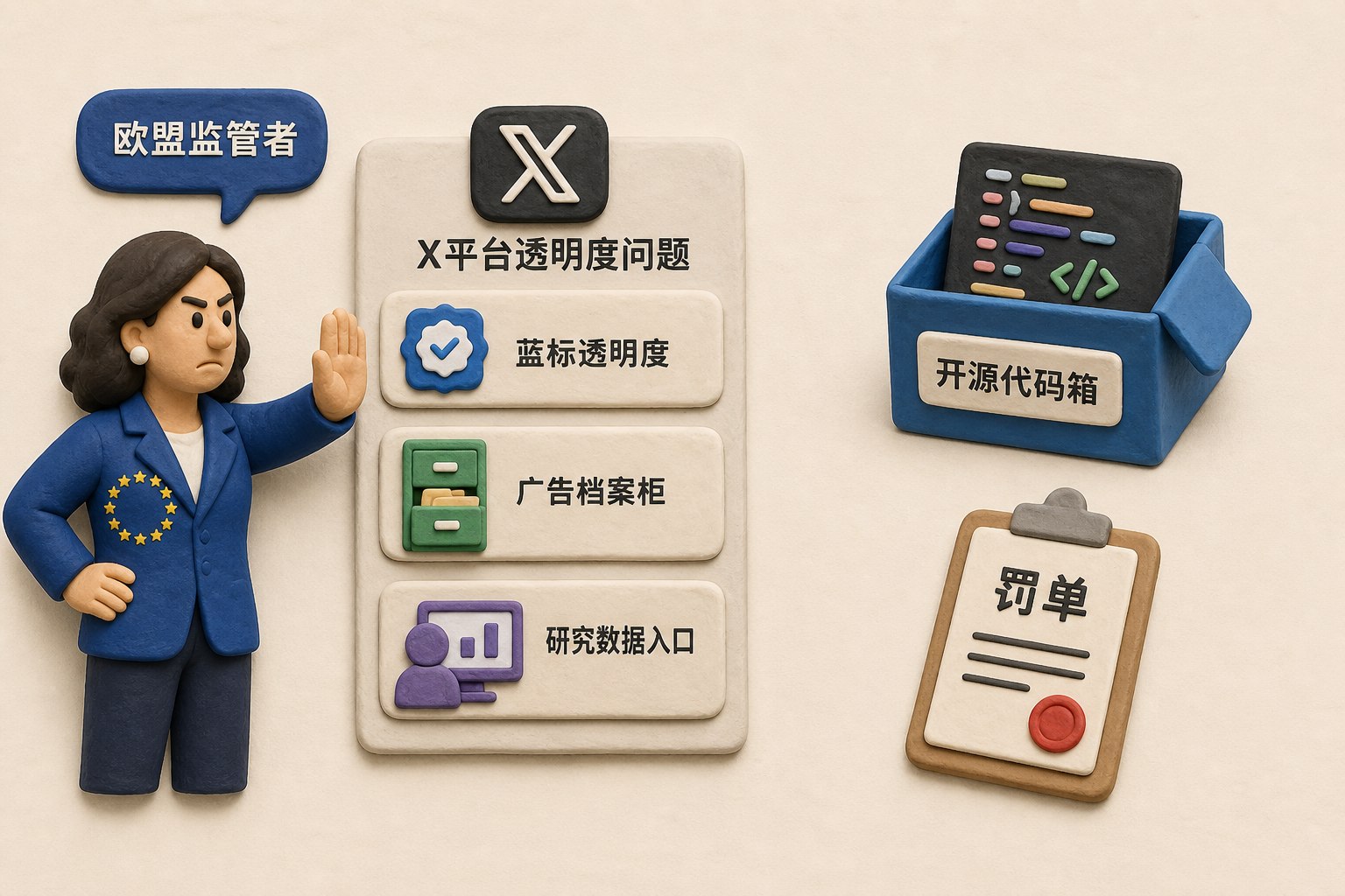 欧盟监管者面对X平台摆出蓝标、广告档案柜和研究数据入口三类透明度问题,另一侧的开源代码箱与罚单之间没有连接,画面突出监管事项与算法开源分离,不显示任何数字或日期,浅色背景的商业评论版橡皮泥平面信息图的统一风格。