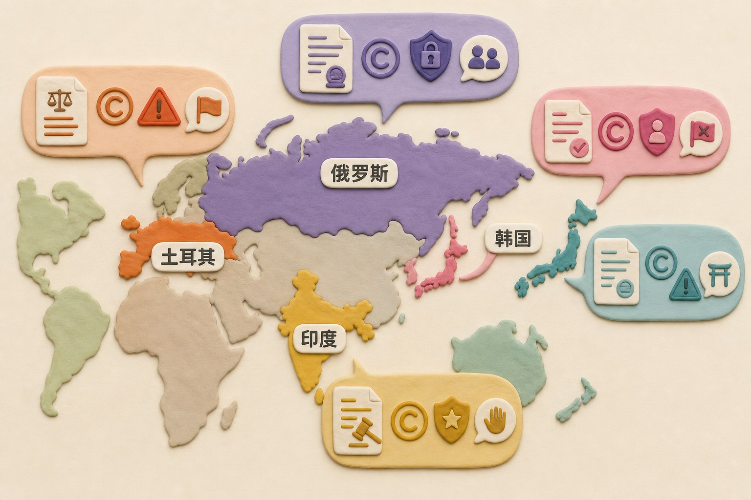 世界地图上以日本、土耳其、俄罗斯、韩国和印度为主体,用不同类型的法律文件、版权符号、公共安全符号和政治争议气泡表现删帖理由性质不同,不做排名,不显示具体数值或日期,只显示以上国家名称与概念符号,不补充其他数字、日期、比例、排名或因果关系,浅色背景的商业评论版橡皮泥平面信息图的统一风格。