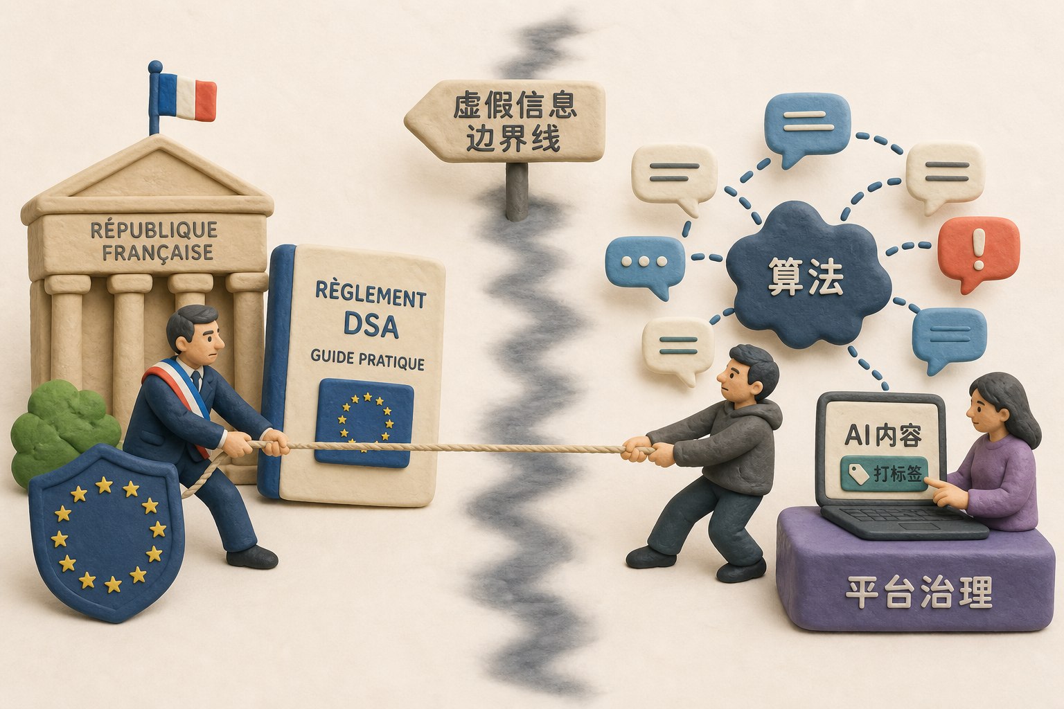 法国政府文件、欧盟DSA规则手册、被算法扩散的消息气泡和正在打标签的AI内容并列,中央是一条模糊的虚假信息边界线,表现定义权与平台治理之间的拉扯,不显示任何数字或日期,浅色背景的商业评论版橡皮泥平面信息图的统一风格。