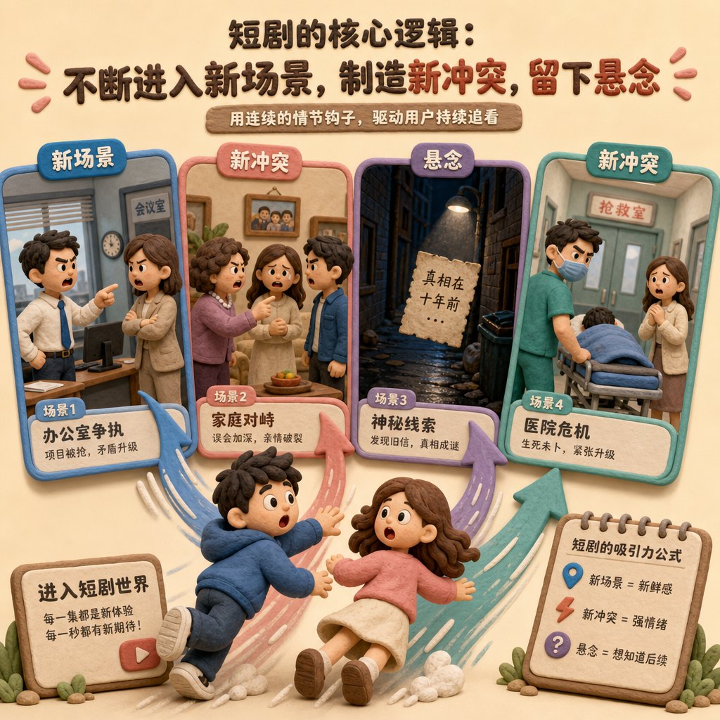 一组像关卡卡片一样排列的短剧场景，中间两位橡皮泥角色被推入不同规则世界，旁边有“新场景”“新冲突”“悬念”三个标签，浅色背景的商业评论版橡皮泥平面信息图的统一风格。