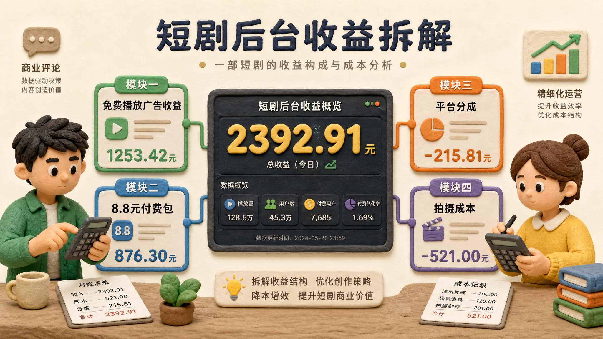 一块短剧后台收益面板显示“2392.91”，旁边分出免费播放广告收益、8.8元付费包、平台分成、拍摄成本四个小模块，两位创作者拿着计算器对账，浅色背景的商业评论版橡皮泥平面信息图的统一风格。