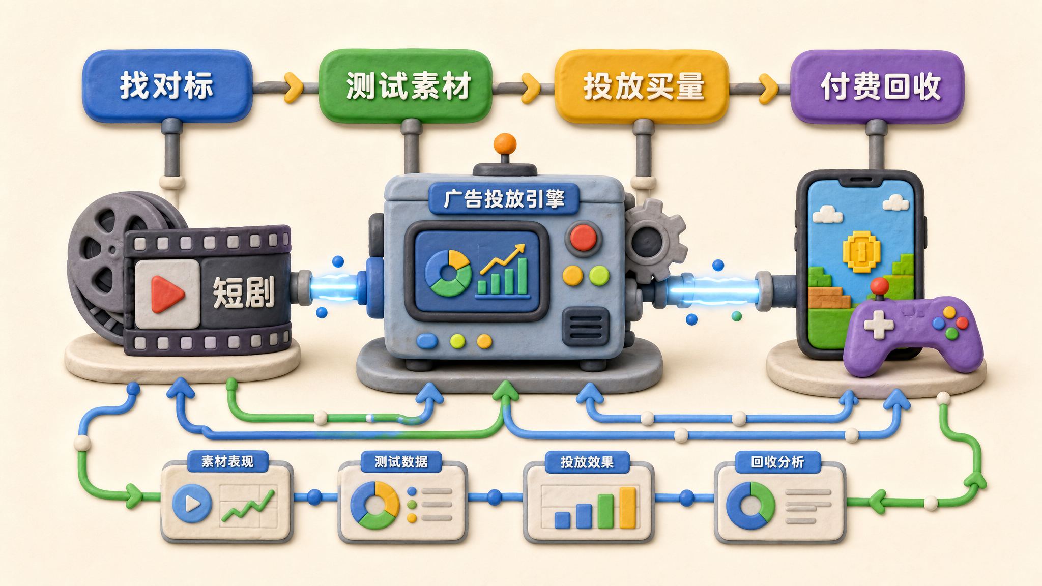 一条从“找对标”到“测试素材”再到“投放买量”和“付费回收”的流水线，短剧胶片和手机游戏图标被同一台投放机器连接，浅色背景的商业评论版橡皮泥平面信息图的统一风格。