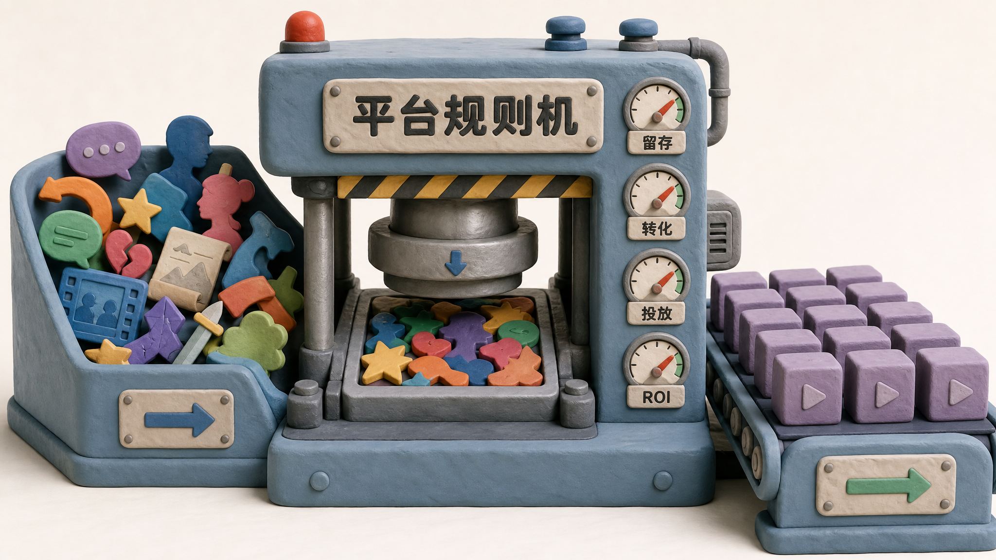 一个巨大的平台规则模具正在把不同形状的故事压成相同的短剧方块，旁边有“留存”“转化”“投放”“ROI”四个刻度表，浅色背景的商业评论版橡皮泥平面信息图的统一风格。
