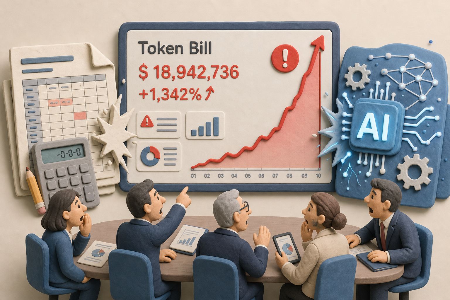 巨大的企业仪表盘上 Token 账单红色飙升，旁边旧式预算表和新型 AI 引擎发生碰撞，几位管理者在会议桌前震惊查看数字，浅色背景的商业评论版橡皮泥平面信息图的统一风格。
