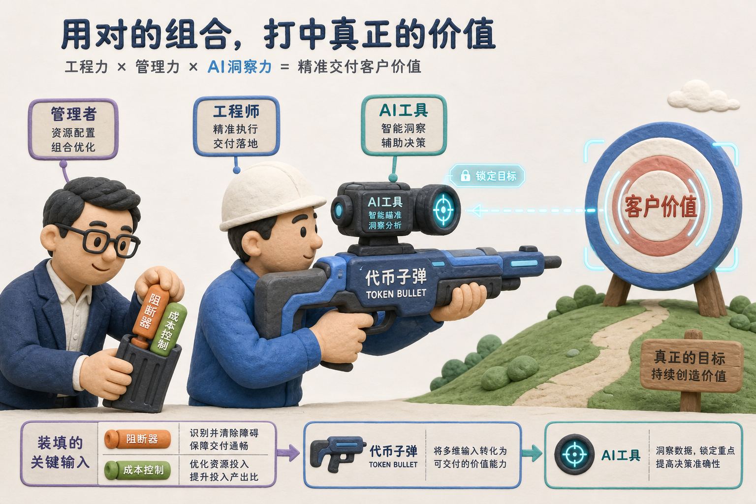 战场隐喻中一名工程师拿着装满 Token 子弹的工具枪瞄准客户价值目标，旁边管理者试图安装弹夹阻断器，远处目标旗帜清晰可见，浅色背景的商业评论版橡皮泥平面信息图的统一风格。