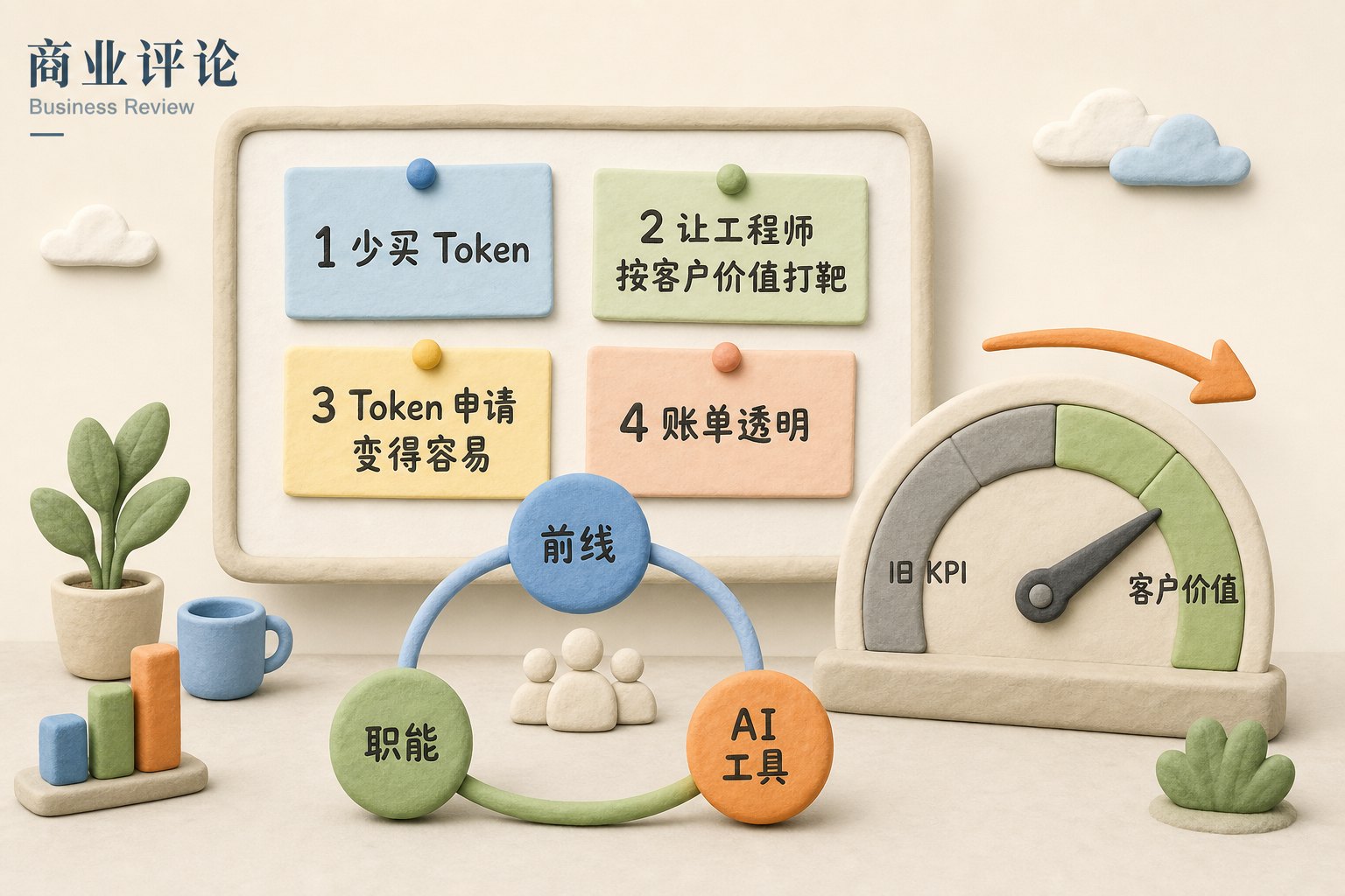 企业会议室白板上写着四条行动原则，前线团队、职能部门和 AI 工具围成一圈，把账单仪表盘转向客户价值目标，浅色背景的商业评论版橡皮泥平面信息图的统一风格。