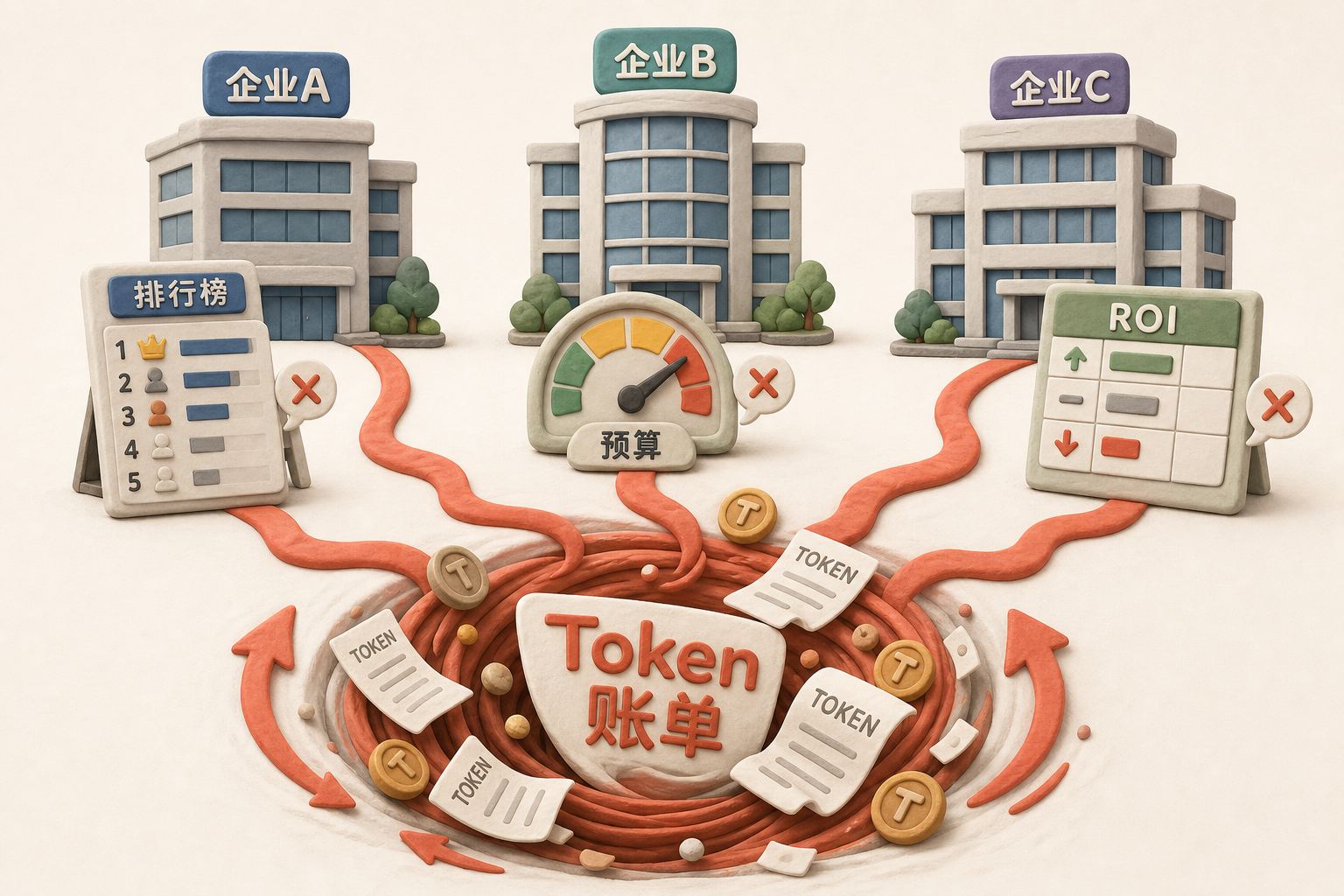 三座写着不同企业标签的办公楼前分别摆着排行榜、预算油表和 ROI 表格，三条错误路径汇入同一个 Token 账单漩涡，浅色背景的商业评论版橡皮泥平面信息图的统一风格。