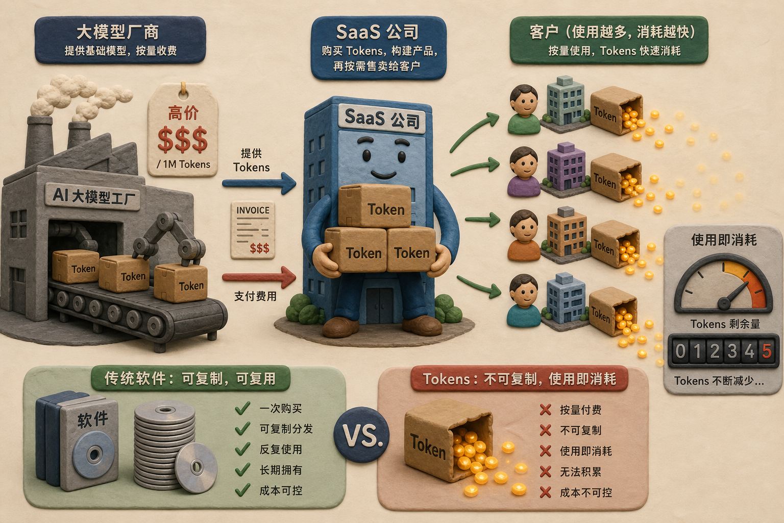 SaaS 公司站在中间搬运 Token 箱子，左侧从大模型厂商高价进货，右侧卖给大量客户后箱子迅速漏光，复制软件光盘与消耗计量表形成对比，浅色背景的商业评论版橡皮泥平面信息图的统一风格。