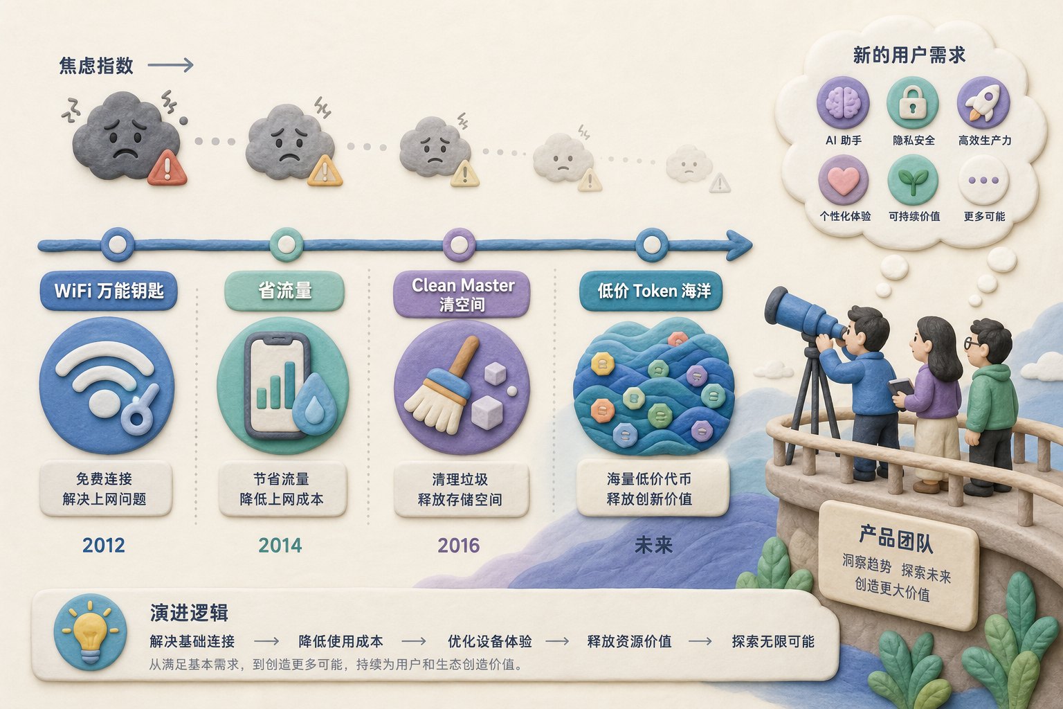 一条时间轴从 WiFi 万能钥匙、省流量、Clean Master 清空间延伸到未来低价 Token 海洋，焦虑图标逐渐变小，产品团队眺望新的用户需求，浅色背景的商业评论版橡皮泥平面信息图的统一风格。
