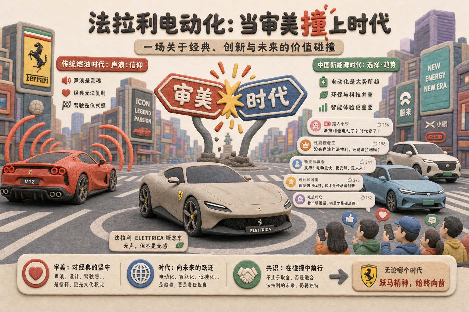 灰米色法拉利电动车停在时代十字路口,左侧是红色燃油跑车的声浪波纹,右侧是中国新能源车和社交媒体弹幕,路中央有“审美”和“时代”两块碰撞路牌,浅色背景的商业评论版橡皮泥平面信息图的统一风格。
