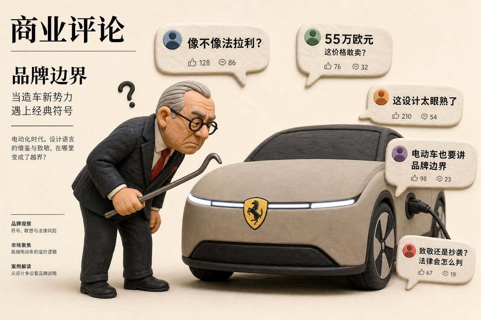 一位老派汽车董事长拿着小撬棒盯着灰米色电动车上的跃马徽标,四周漂浮着“像不像法拉利”和“55万欧元”的互联网评论气泡,浅色背景的商业评论版橡皮泥平面信息图的统一风格。