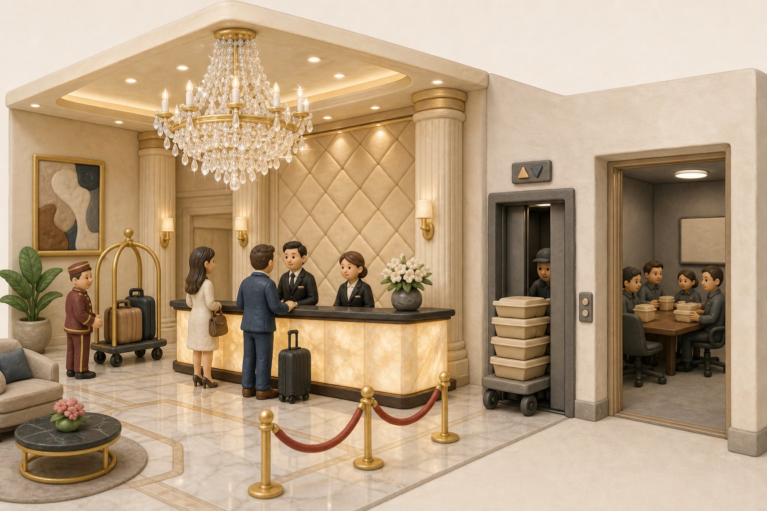 五星级酒店大堂用红绳隔开光亮前台,侧面一部隐蔽电梯把盒饭送进无窗会议室,盒饭和酒店水晶灯形成对比,浅色背景的商业评论版橡皮泥平面信息图的统一风格。