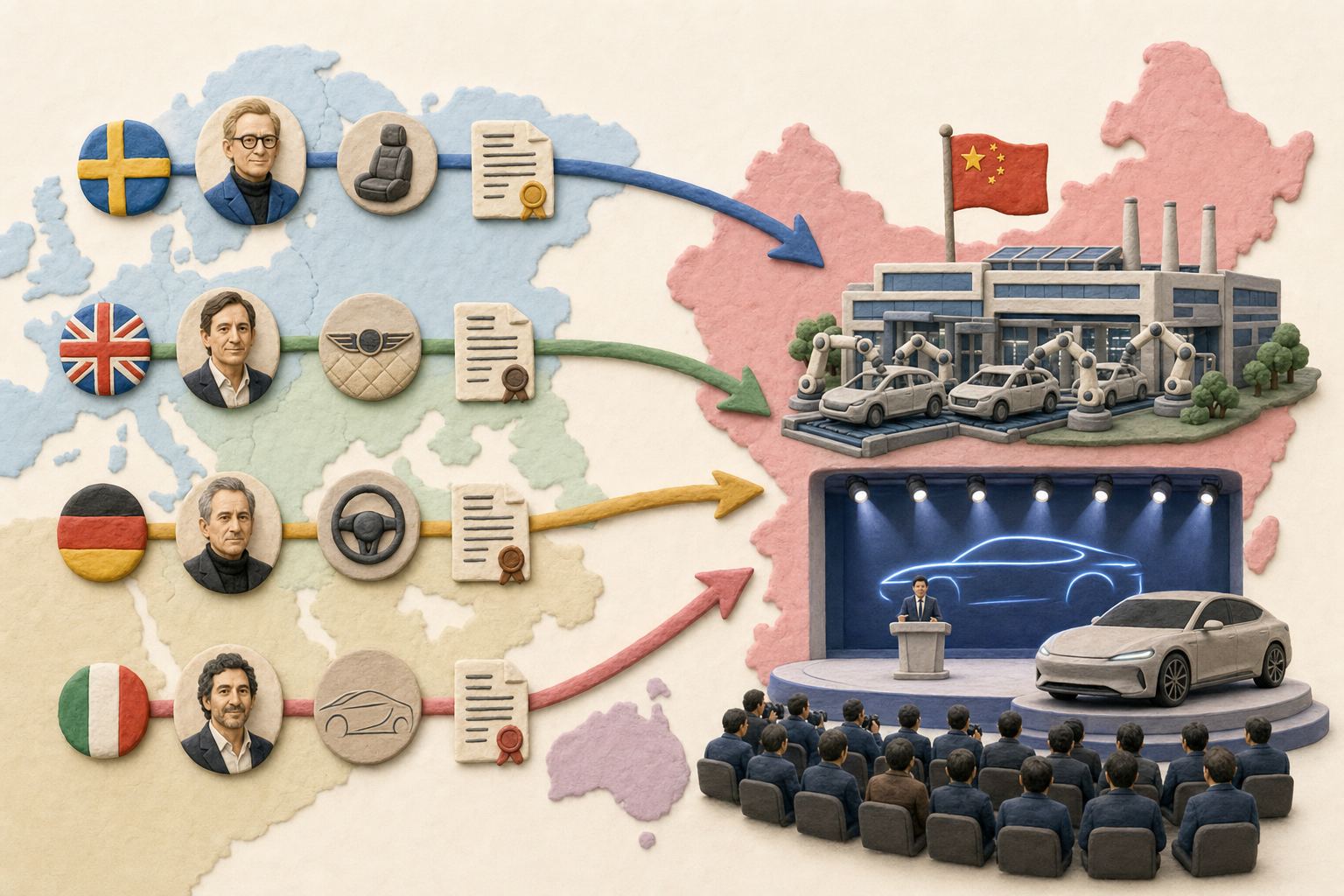 世界地图上从瑞典、英国、德国、意大利飞出设计师头像、品牌徽章和收购文件,汇入中国新能源车企的工厂和发布会舞台,浅色背景的商业评论版橡皮泥平面信息图的统一风格。