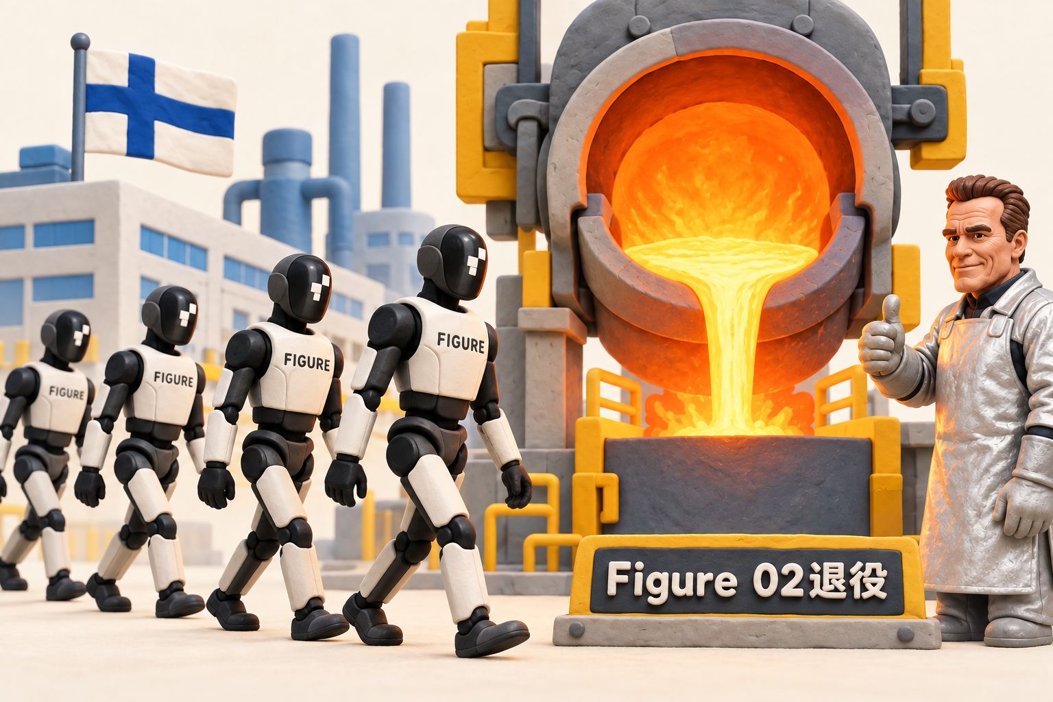 立体橡皮泥场景：Figure 02机器人在芬兰钢厂退役，施瓦辛格比出大拇指。