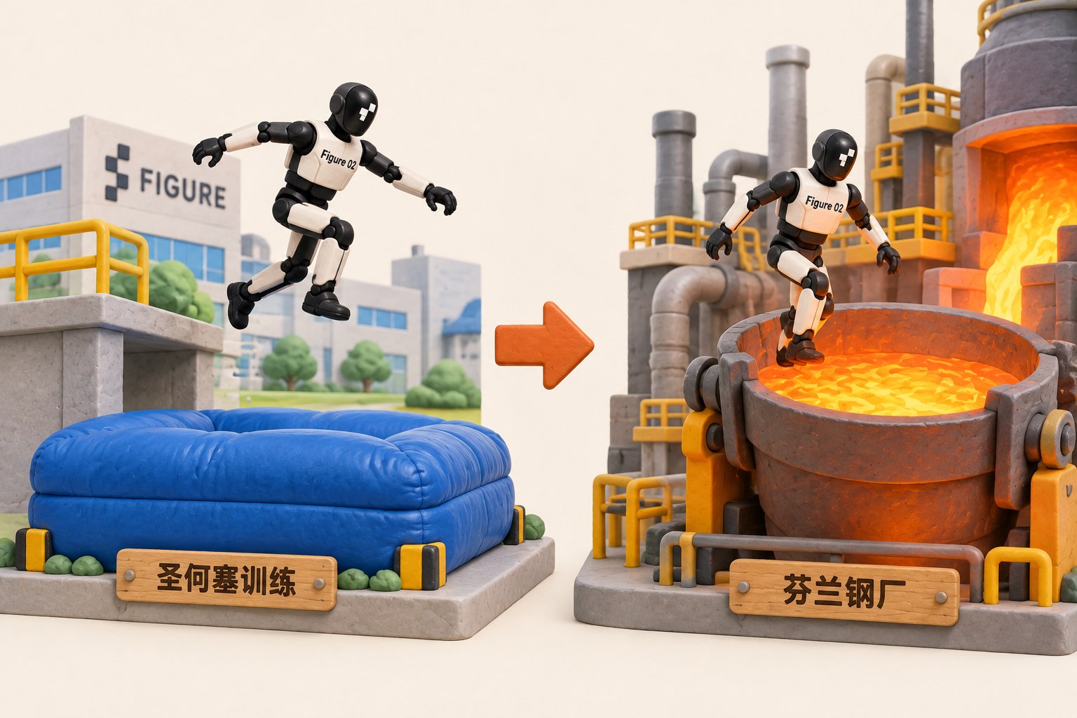 立体橡皮泥场景：Figure 02从圣何塞气垫跳跃训练走向芬兰钢厂现场。