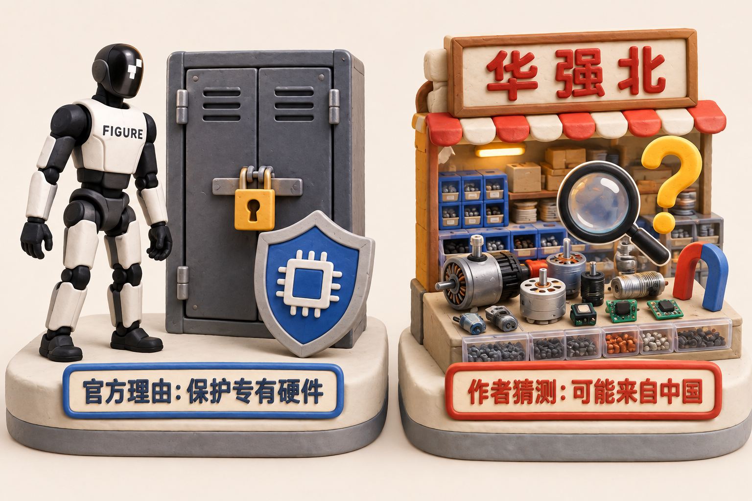立体橡皮泥场景：保护专有硬件的官方理由，与可能使用中国零件的作者猜测。