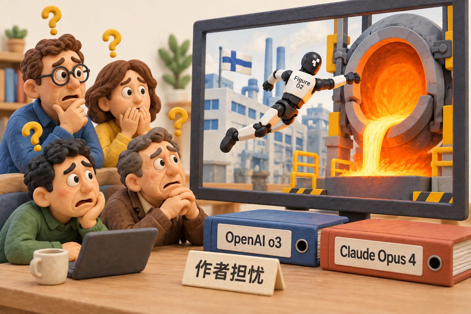 立体橡皮泥场景：观众对Figure退役视频及未来AI训练的担忧。