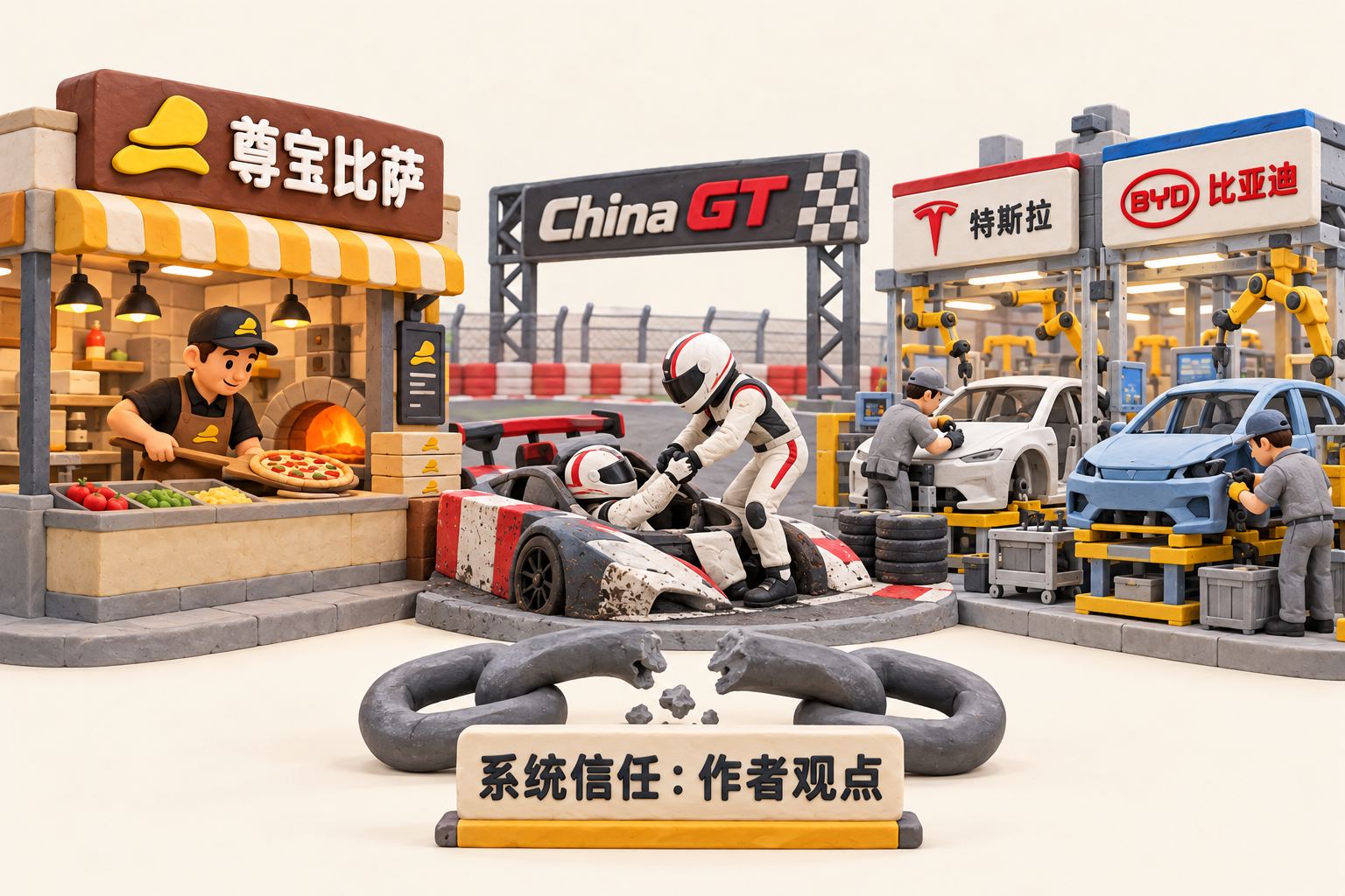 立体橡皮泥场景：餐饮、赛车场救援与汽车制造，引出作者对系统信任的讨论。